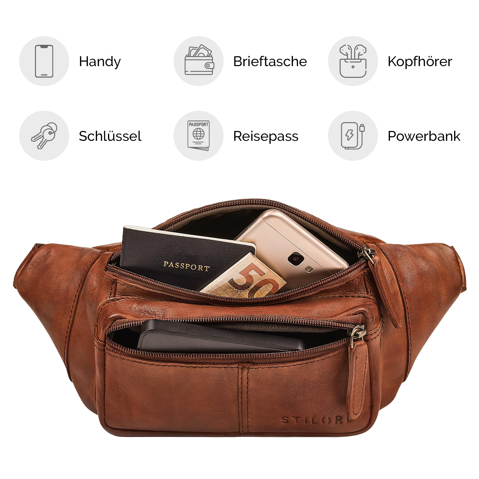 STILORD 'Devon' Vintage Bauchtasche Herren Cognac Leder Gürteltasche mit vielen Fächern - Echtleder Hüfttasche Diebstahlsicher - Männer Brusttasche für Reisen & Festival
