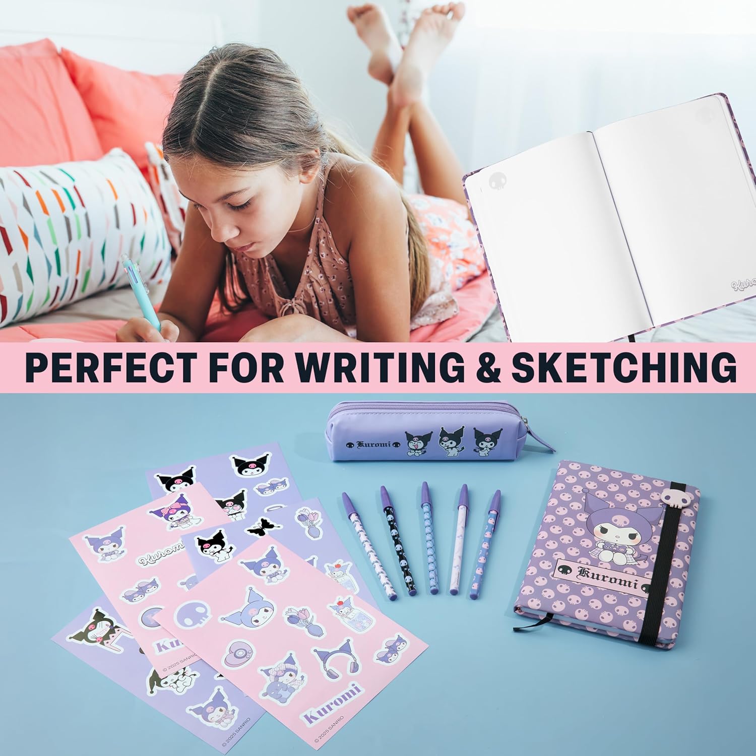 Get Trend Hello Kitty Gifts Kuromi Stationary Set Cute Notebooks Pens Kawaii Pencil Case Anime Stickers Cute Stuff Journal Accessories Gift for Teens (Purple Kuromi) - Image 3