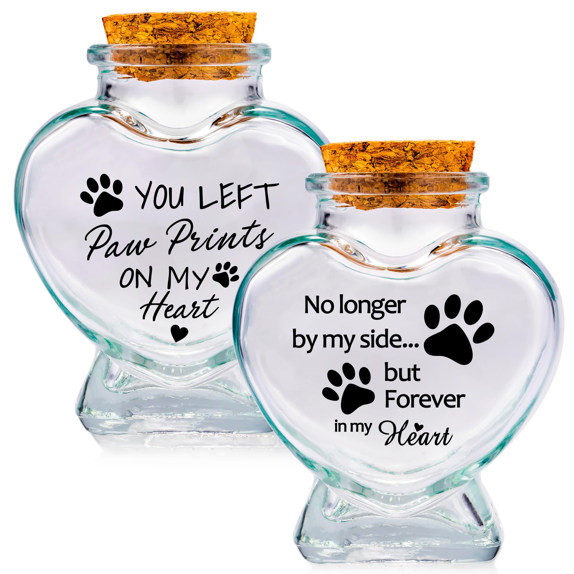 2 Pcs Memorial Bottle for Pet Hair Memorial Urns Glass Bottles for Pet Ashes Pet Fur Keepsake Jar Sympathy Gifts for Loss of Dog Cat (1pc No longer+1pc You Left Paw Prints)