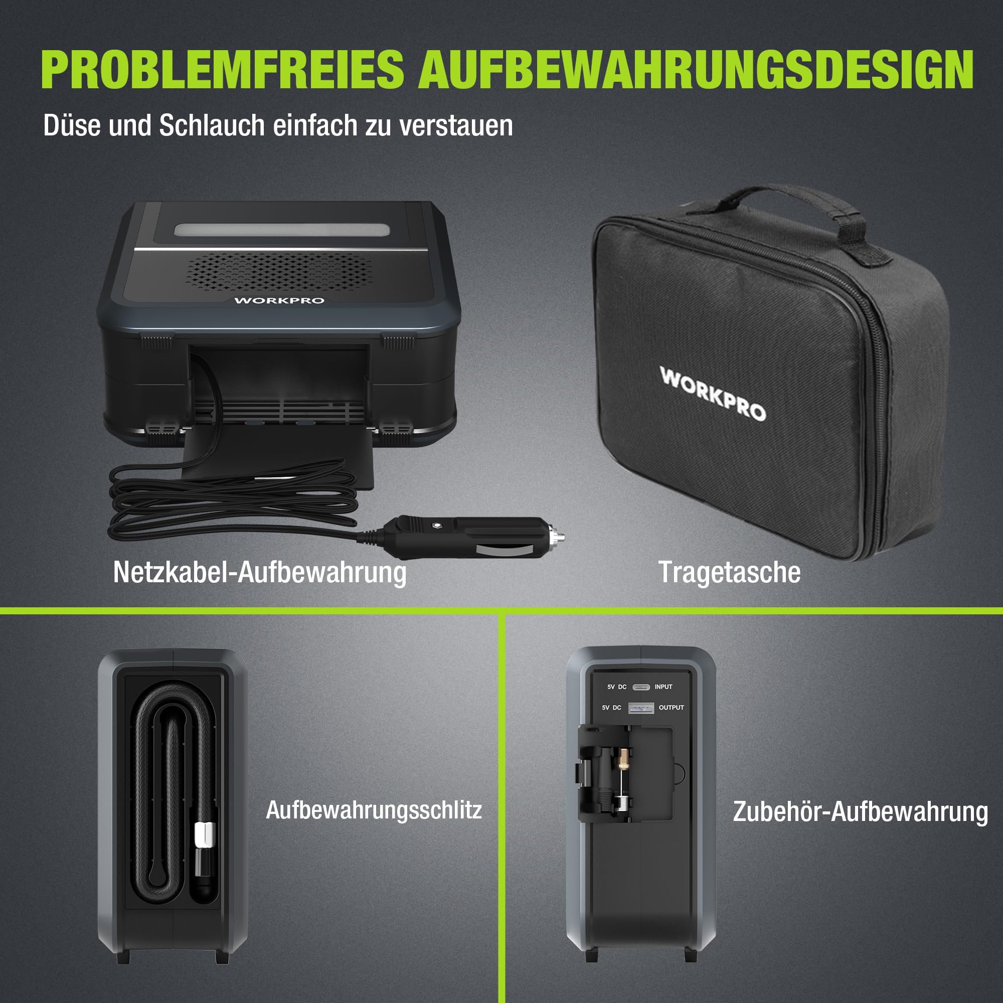 WORKPRO Kabellose Elektrische Luftpumpe 3-in-1 mit LED-Licht, Powerbank, Akku Kompressor mit Display & Abschaltautomatik, für Auto, Fahrrad, Motorrad, Bälle – USB & 12V Ladeoption | Digitales Display und automatische Abschaltung zum Aufpumpen von Auto, Mo