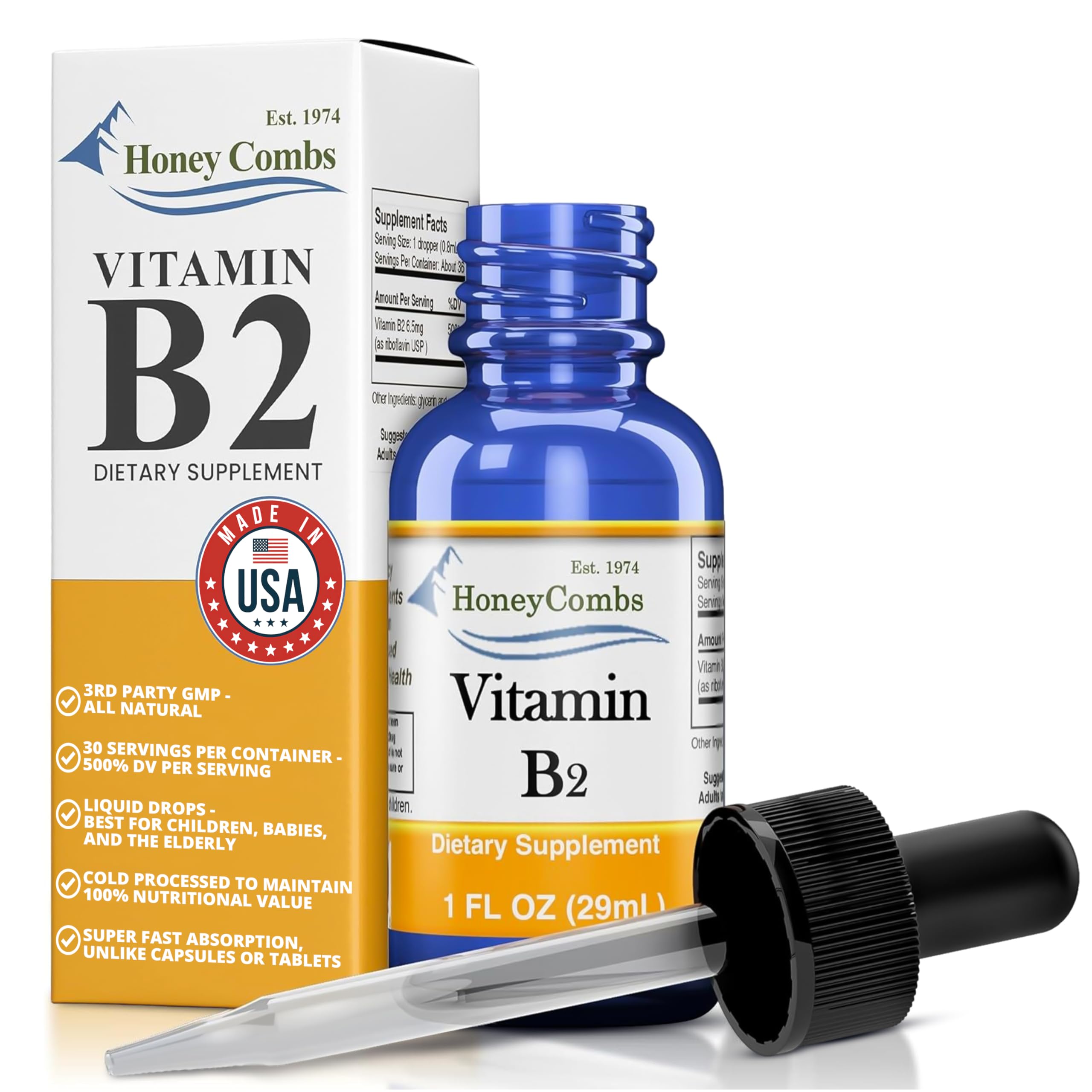 HoneyCombs Vitamin B2 Riboflavin Liquid Drops - Made in The USA - Natural High Potency Fast Absorption Vitamin B2 for Men, Women & Children - Vegan Formula - Bulk Sizes Also Available