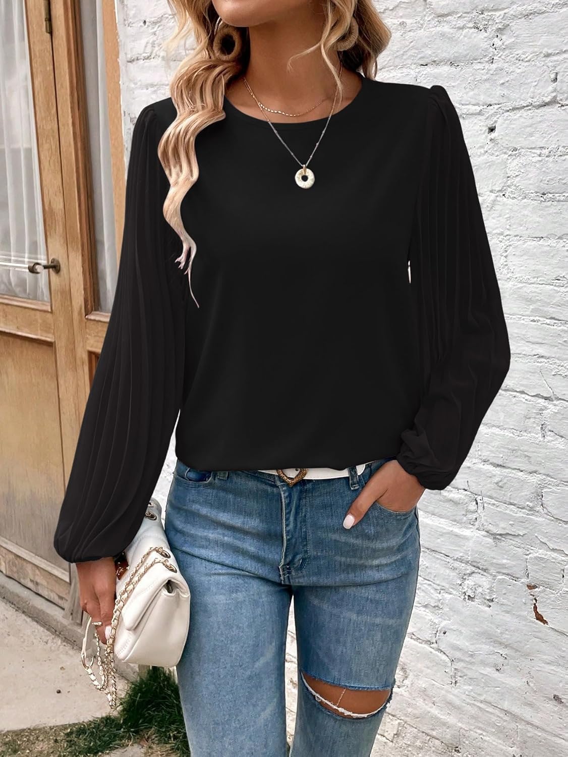 Samefar Womens Pleated Lantern Sleeve Lace Tops Dressy Casual Crewneck Fall Loose Fit Business Work Chiffon Blouses - Image 6