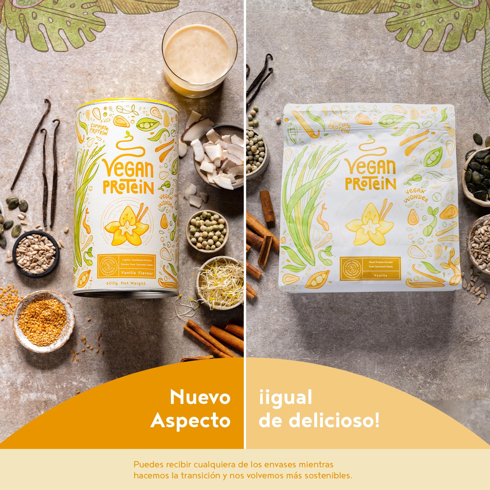Proteína Vegana en Polvo | Sabor Vainilla | 100% Proteina Vegana | 22g dosis Vegan Protein Powder de Guisante, Arroz, Girasol y Soja | Proteína Aislada para Masa Muscular | 1.2kg | Alpha Foods