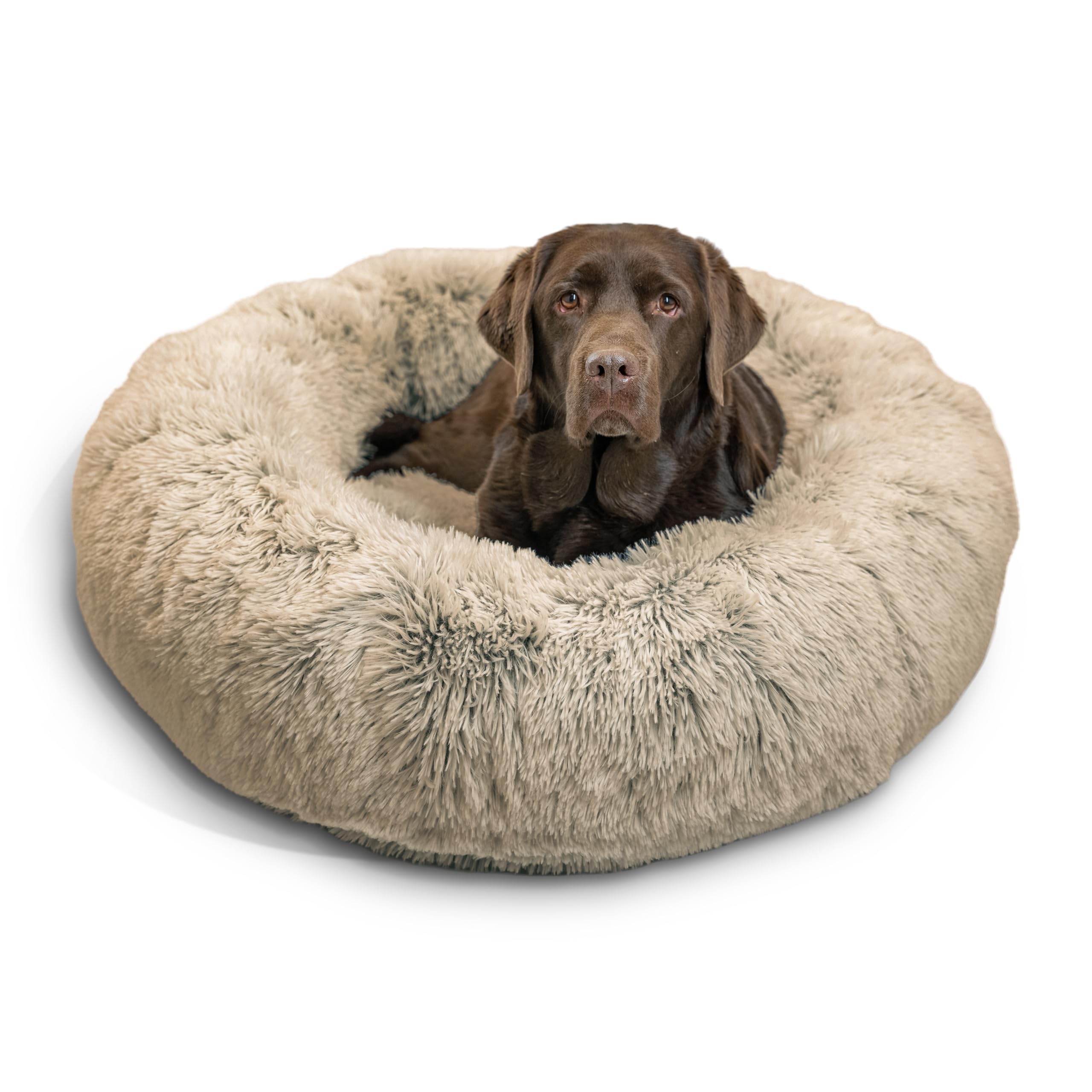 Photo 1 of Best Friends by Sheri The Original Calming Donut Cat and Dog Bed in Shag Fur Taupe, Large 36" 36.0"L x 36.0"W x 9.0"Th Taupe Shag