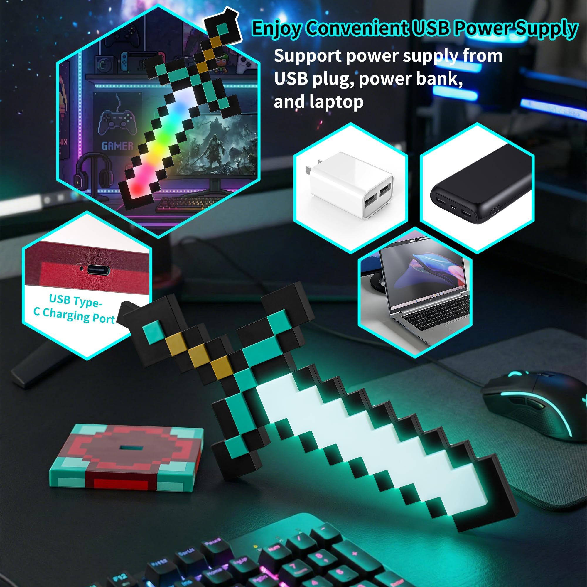 Pixel Diamantschwert Nachtlicht – LED Schwert Nachtlampe mit 16 Farben – Per USB aufladbare LED-Nachtlampe – Dekorationslampe für Kinderzimmer & Schreibtisch – Geschenk für Kinder & Gaming-Zimmer-Deko