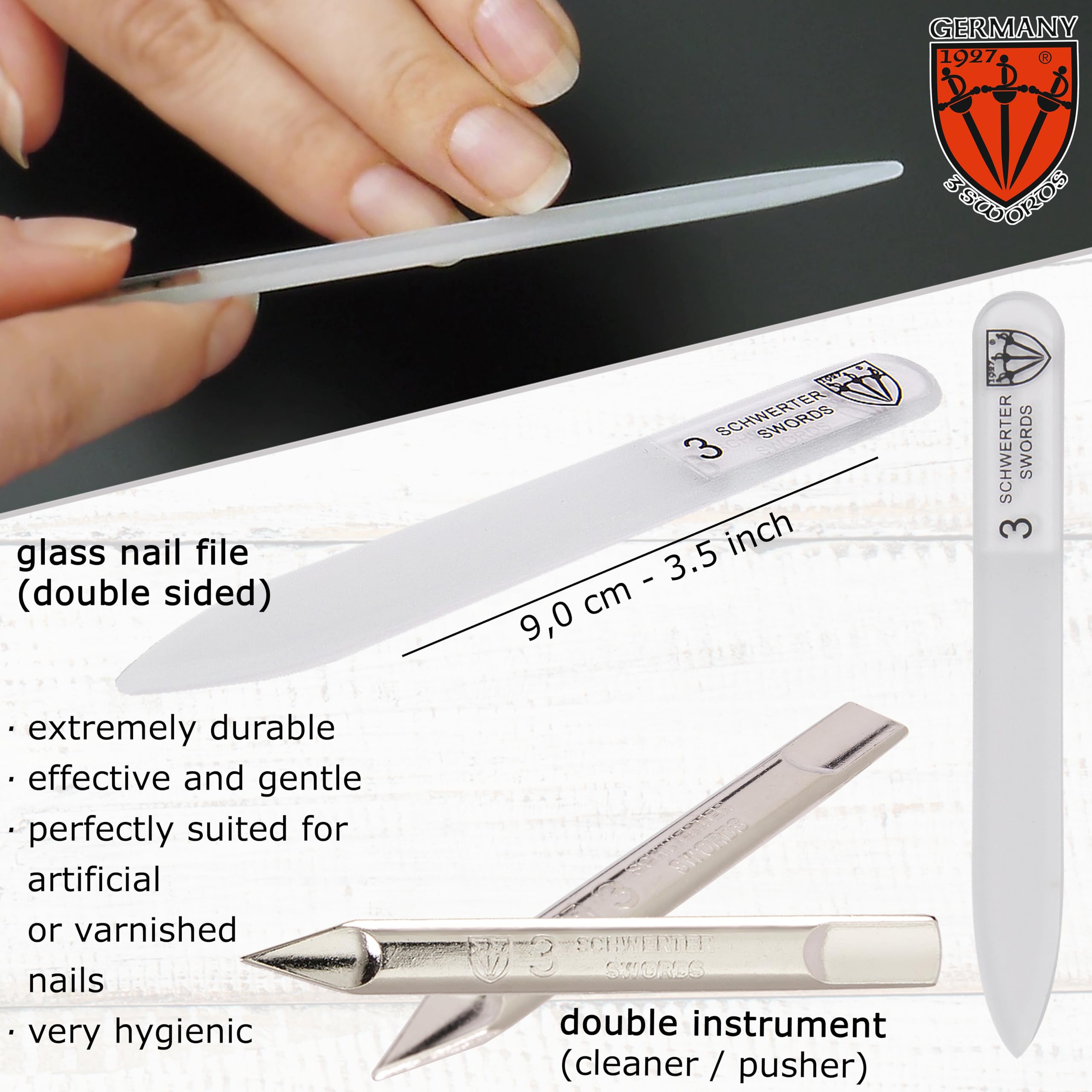 3 Swords Germany - Kit de manucure et pédicure de qualité 6 pièces - Ciseaux, lime à ongles en métal et verre, pince à épiler avec étui en cuir synthétique - Blanc
