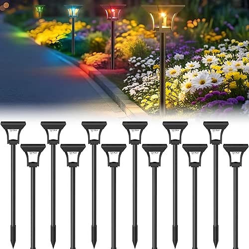 CINOTON 12 Pack RGBCW Solar Pathway Outdoor Lights, 3 Lighting