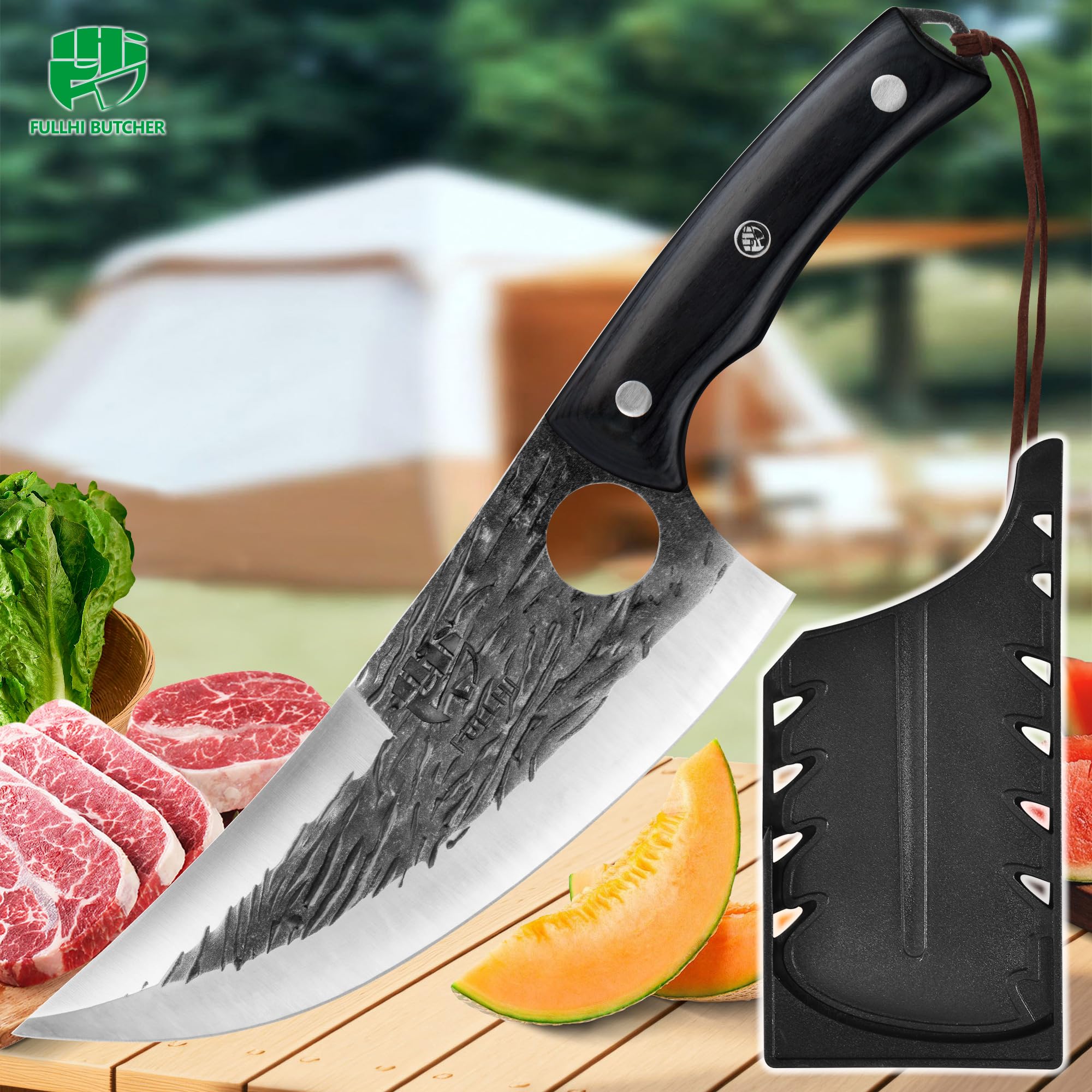 FULLHI Cuchillo de carnicero con funda, cuchillo de chef Tang serbio, cuchillo para verduras con cuchilla de acero al carbono para
