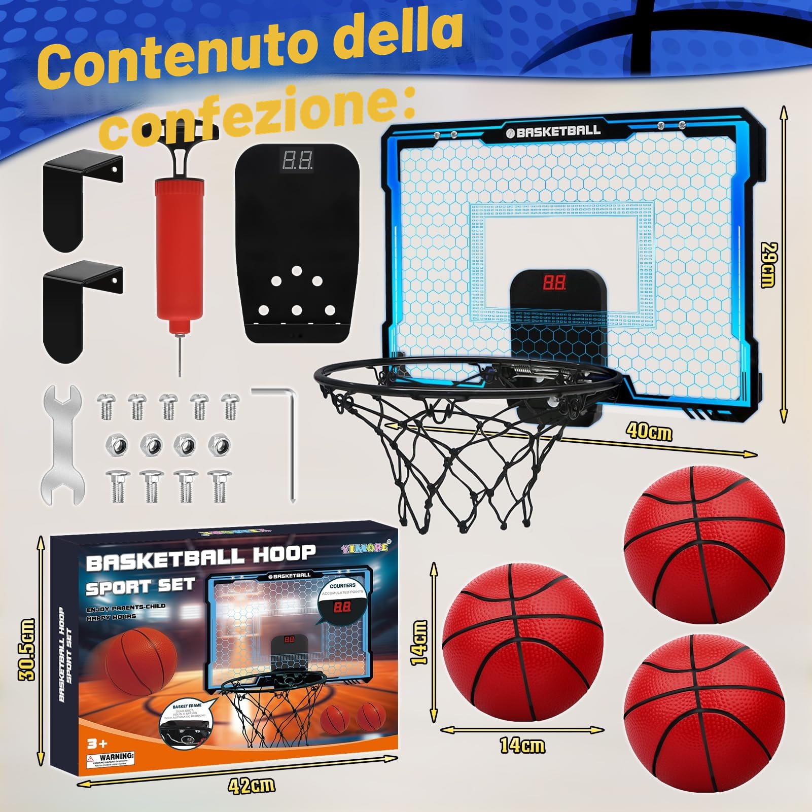 Yimore Canestro Basket da Camera, Mini Canestro Basket per Bambini Giocattoli Sportivi con Punteggio Automatico e 7 Colori LED