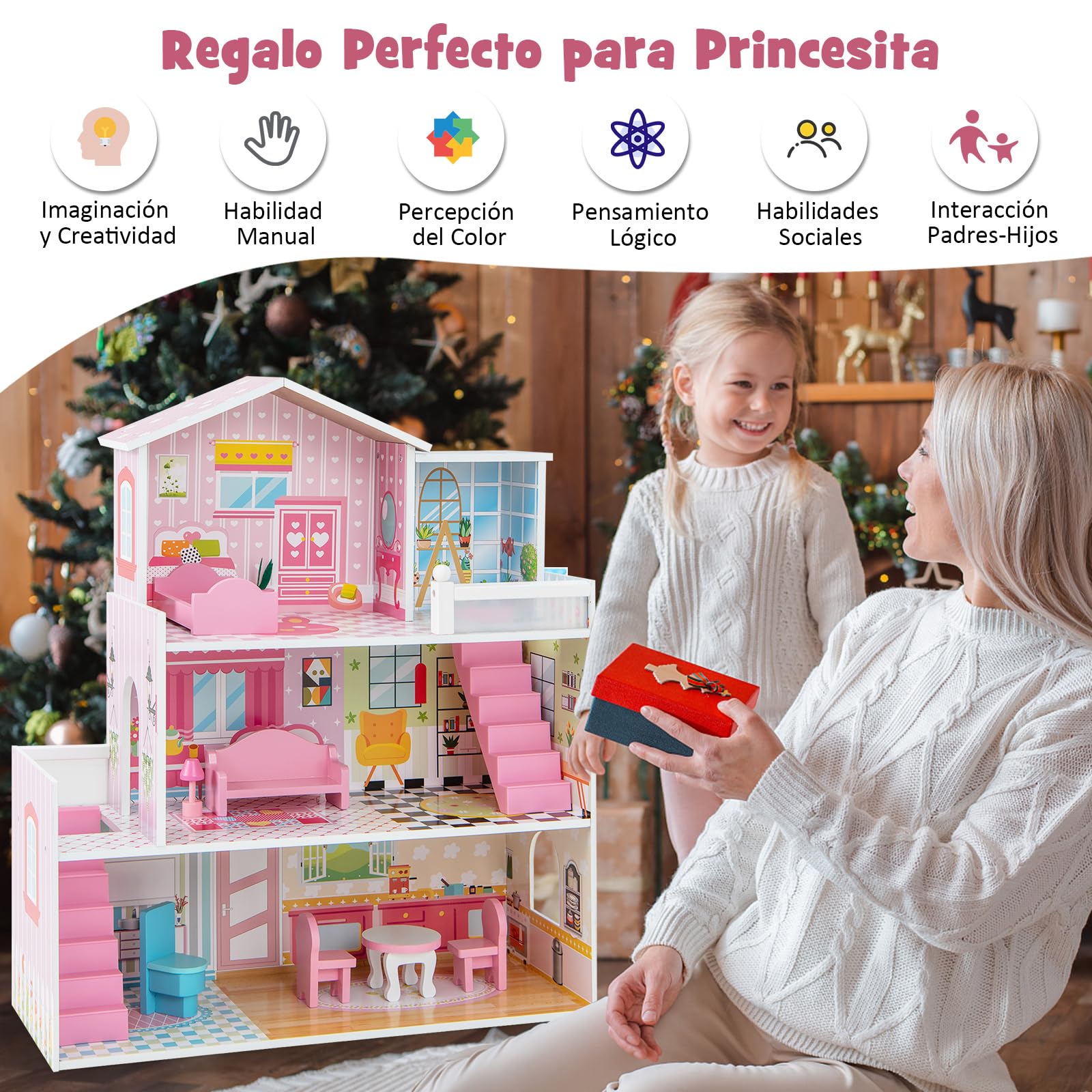 COSTWAY Casa de Muñecas de Madera para Niños, 60 x 25 x 70 cm, Juego de Casa de Muñecas con 5 Cuartos y 10 Piezas de Muebles, Atractivos Papeles Pintados y Baldosas, para Niñas de 3 a 7 Años