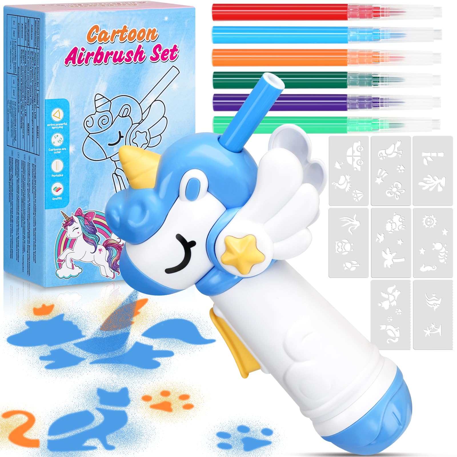 Photo 1 of Unicorn Toys Air Brush Marker Sprayer Set, Art Supplies Kit, Art and Crafts for Kids Ages 8-12, 4 5 6 7 8 9 10 11 12 Year Old Girl Birthday Gifts, Includes 5 Washable Markers 8 Stencils