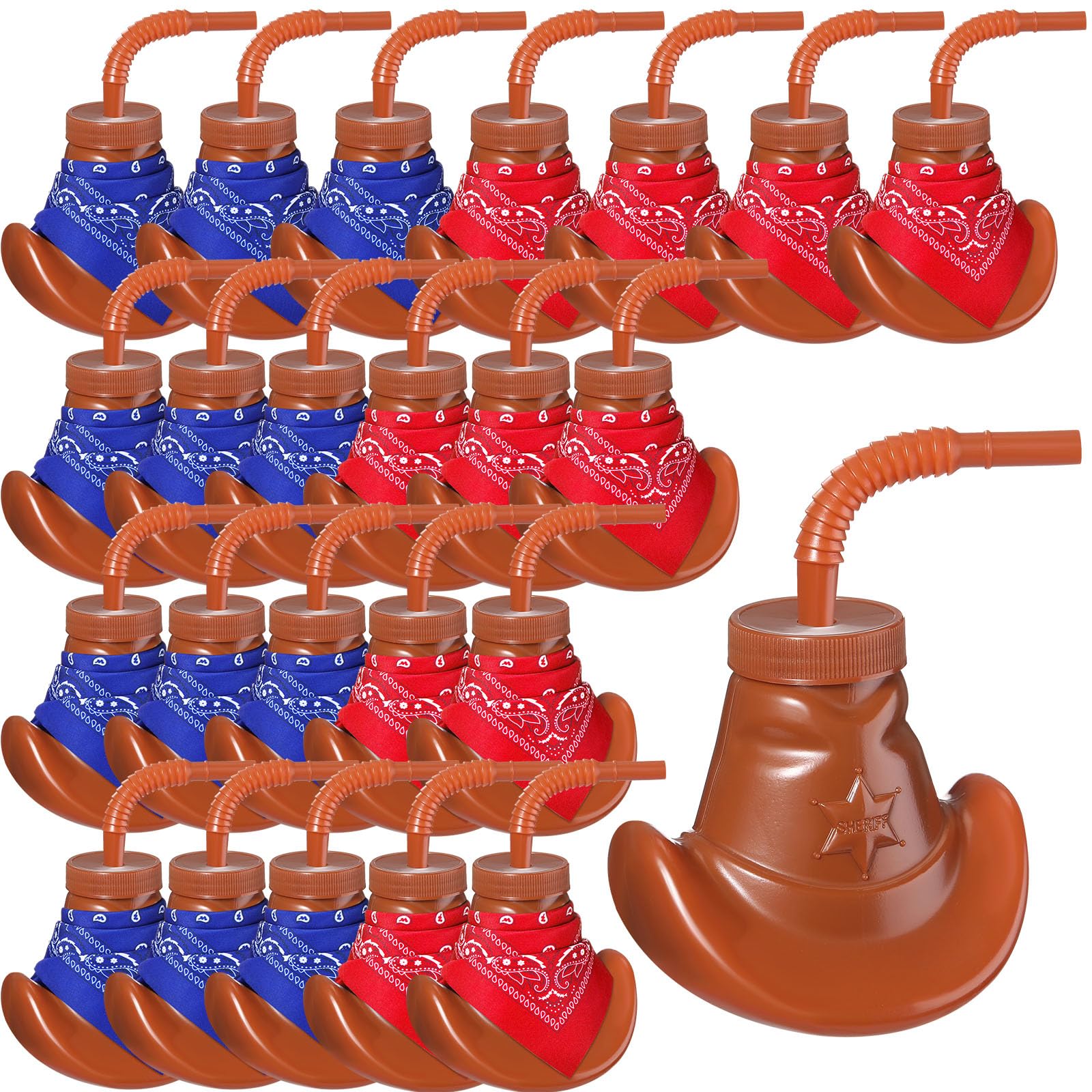 Gerrii 24 Pack Cowboy Hat Cups with Mini Bandanas,10 oz Plastic Cowboy Cup with Lids and Straws for Western Toy Themed Party Favors Cowgirl Birthday Decorations Supplies (Brown, Red, Blue)