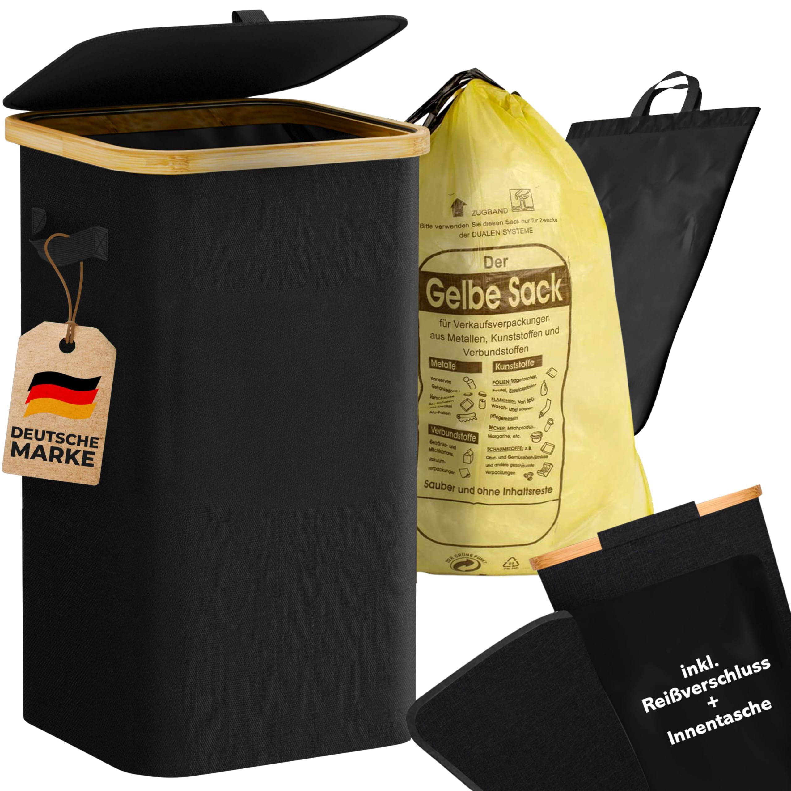 COTTARA® Gelber Sack Ständer Mülleimer mit Deckel Müllsackständer für Gelbe Säcke mit Bambusrahmen und Reißverschluss auf Rückseite, 60-120L Müllsystem Behälter für Recycling schwarz