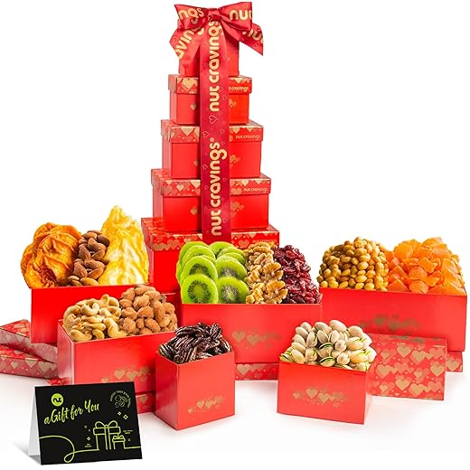 Nut Cravings Gourmet Collection - Holiday Christmas Dried Fruit & Mixed Nuts Gift Basket Red Tower + Heart Ribbon (12 Assortments) Xmas Arrangement Platter, Healthy Kosher USA Made