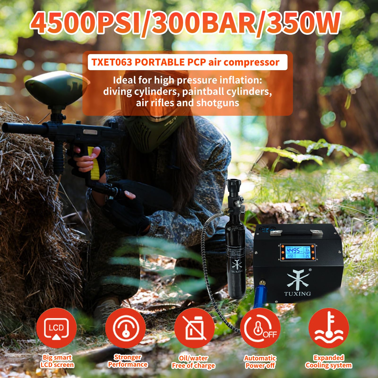 TUXING PCP 4500Psi Sprężarka powietrza, regulowana sprężarka wysokociśnieniowa z automatycznym zatrzymaniem, wersja z wyświetlaczem LCD, wyposażona w system chłodzenia wodą, zbiornik do nurkowania