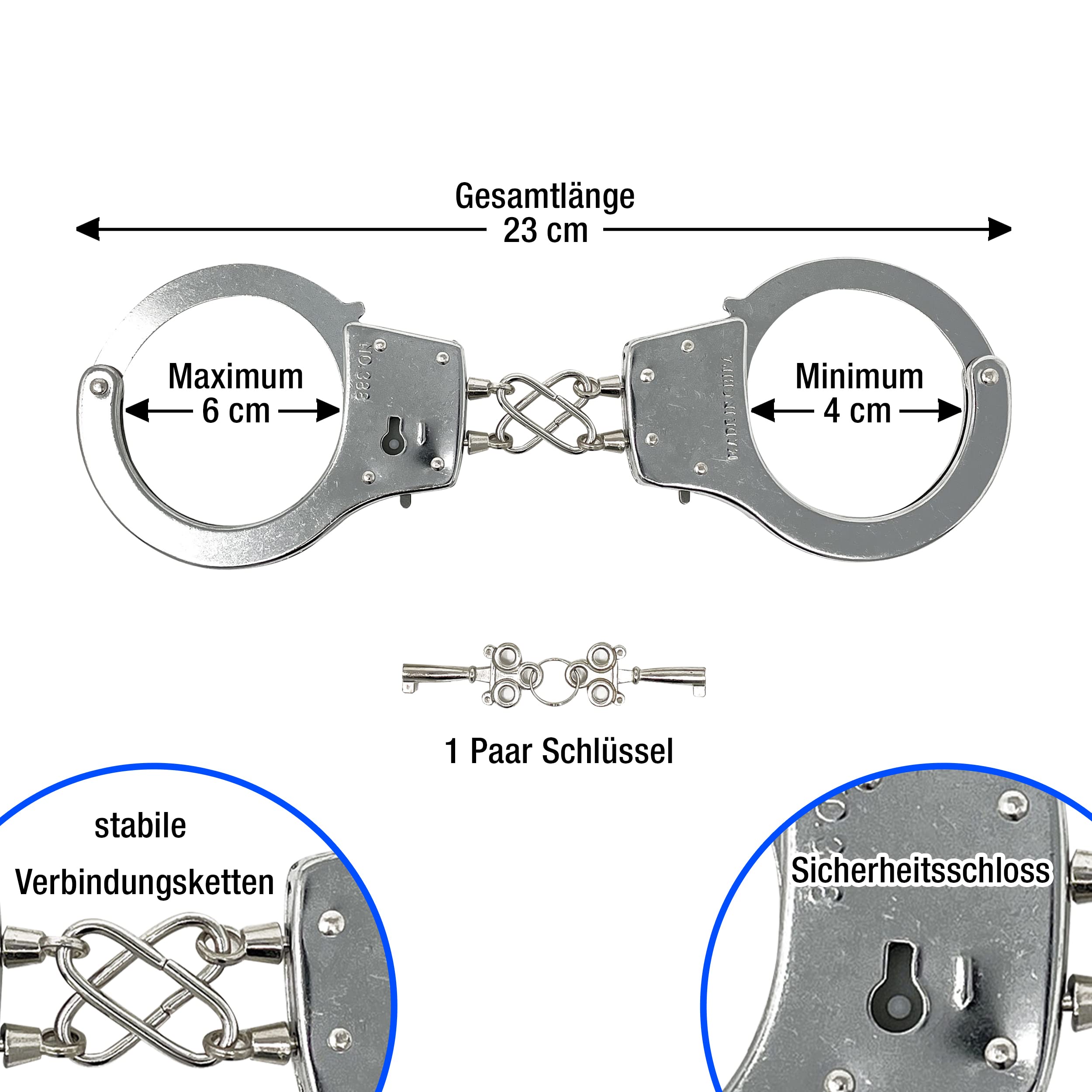 Polizei Handschellen Kinder aus Metall - Ausrüstung für das Polizei Kostüm Kinder | Mit Schlüssel & Sticker | Stabile Handcuffs auch für Erwachsene. Polizeikostüm Jungen Karneval