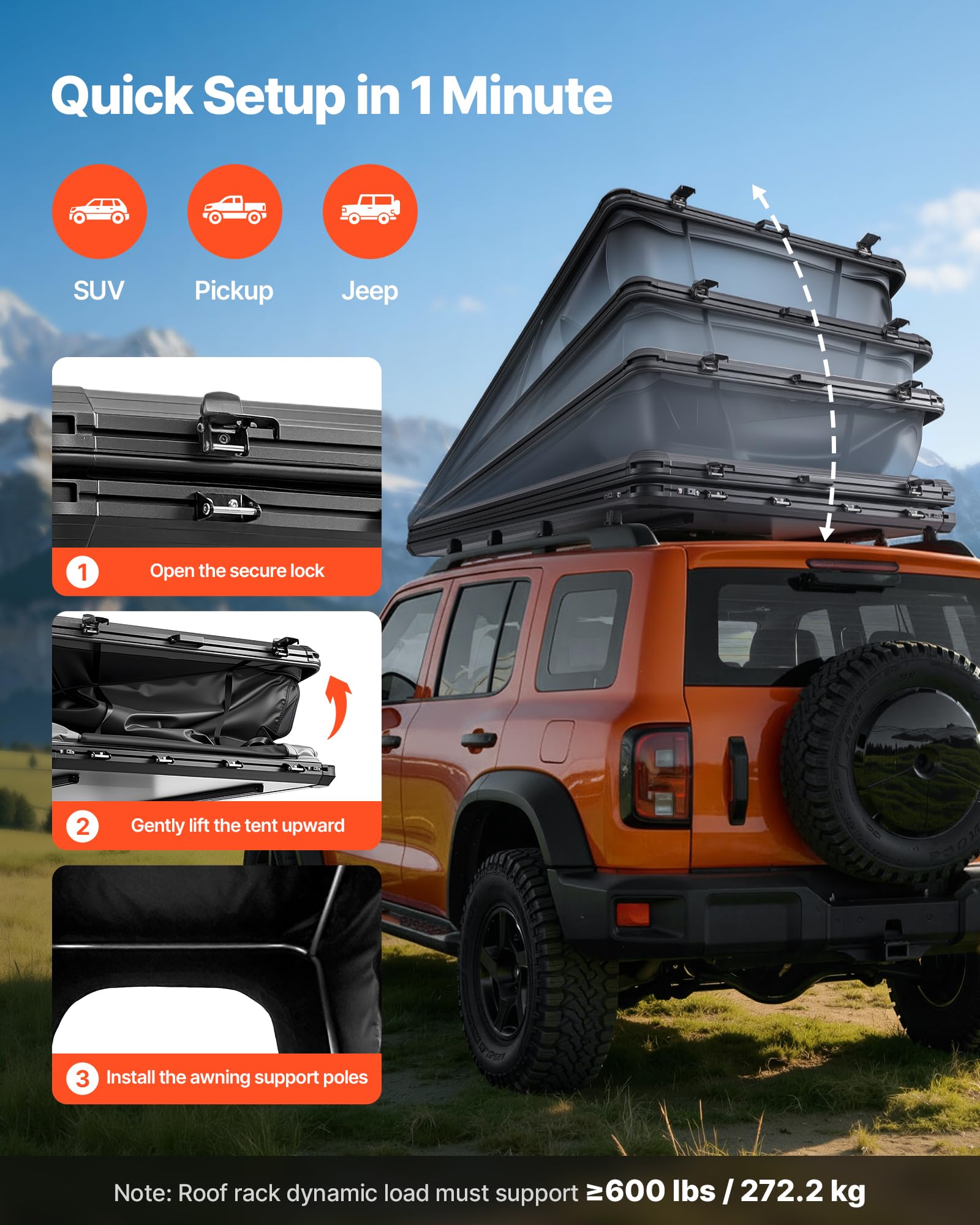 VEVOR Tenda da Tetto per Auto per Campeggio Viaggio Capienza ca. 2-3 Persone, Tenda Sopra Auto Telaio in Alluminio con Illuminazione LED Finestra Scala Carico 150 kg, Impermeabile per Jeep SUP