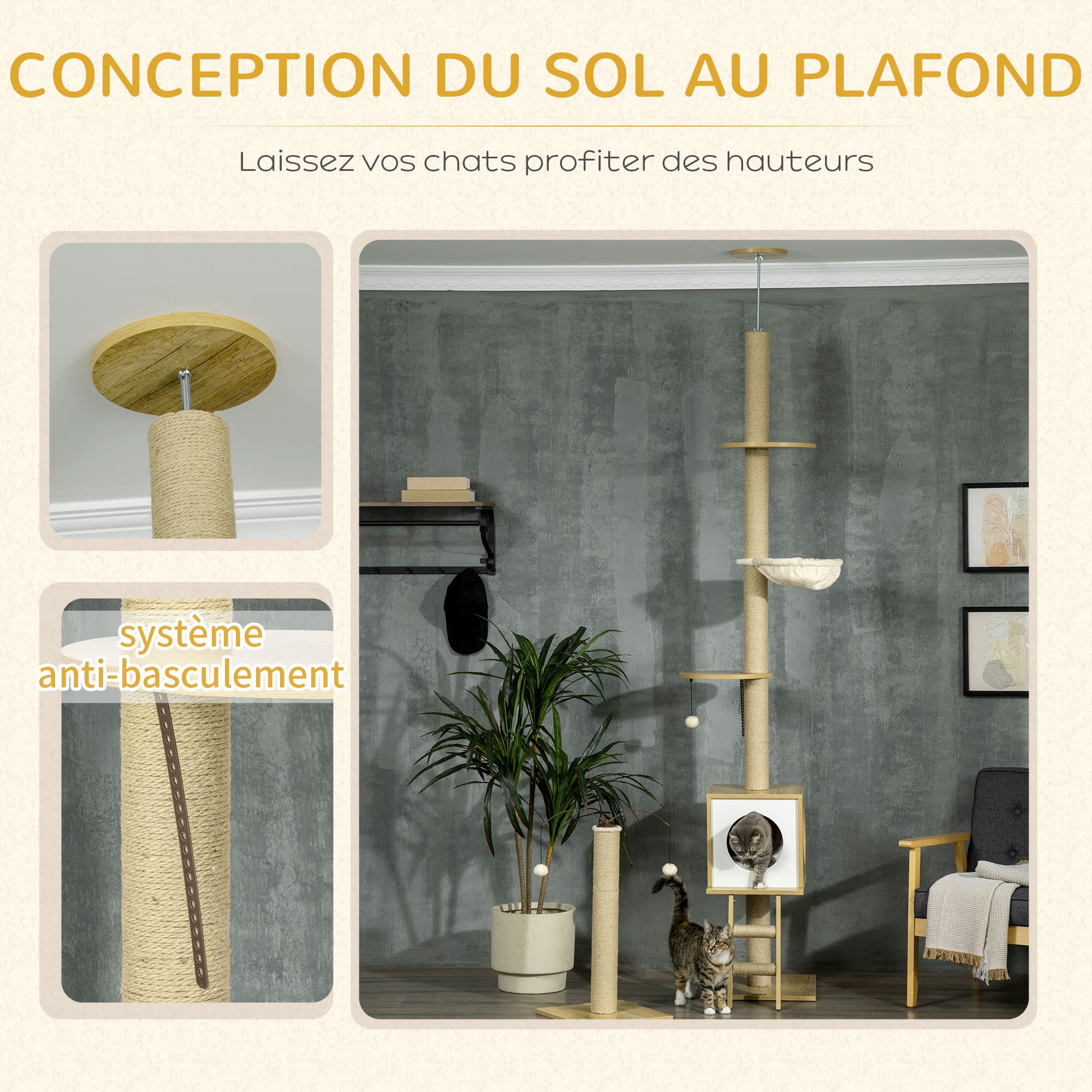 PawHut Lot de 2 Arbres à Chat Sol au Plafond Réglable 225-285 cm Beige