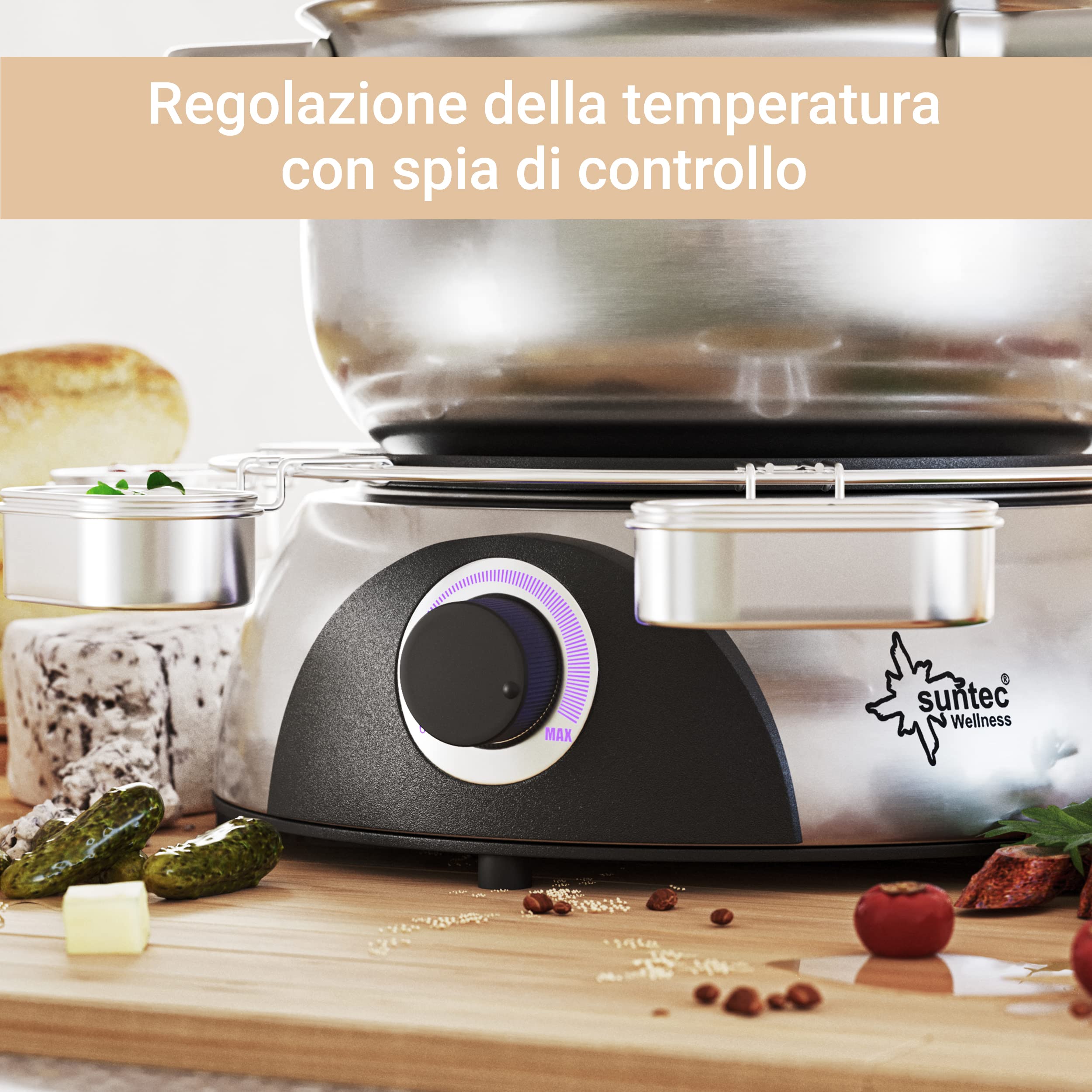 SUNTEC Fondue elettrica Fino a 8 Persone – Forchette + paraspruzzi + Supporto per Salse – Alternativa alla raclette – Pentola per Formaggio + Cioccolata + Grasso – Set in Acciaio Inox FON-8014 V2A