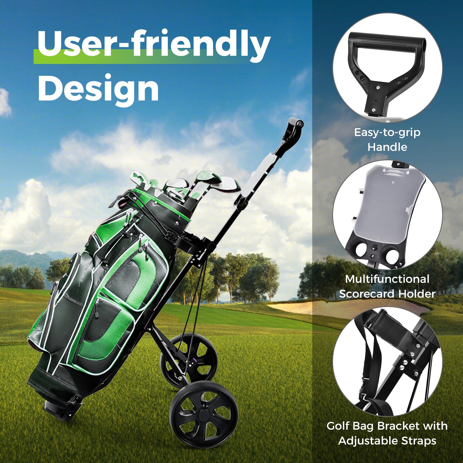 GYMAX Carrito de Golf de 2 Ruedas, Carrito de Golf Plegable Ligero con Marcador, Carrito de Golf de Acero