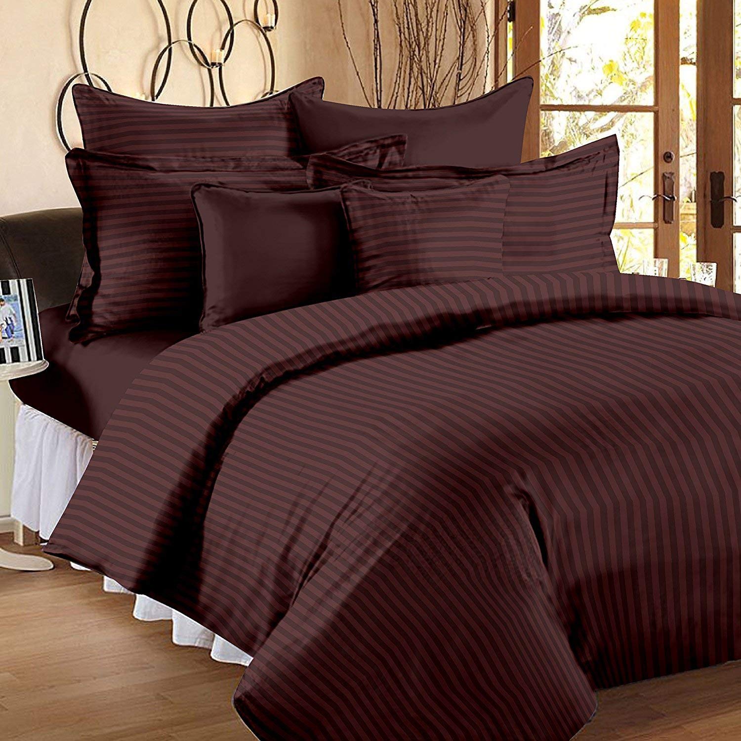 HOME ELITE 300 TC 100% Cotton Satin Stripes King Bed Sheet & 2 Pillow Covers Set for Hotels, B&B (Cocoa Brown, Double Bed, Flat Stripe Bedsheet) (100x108, 18x28)