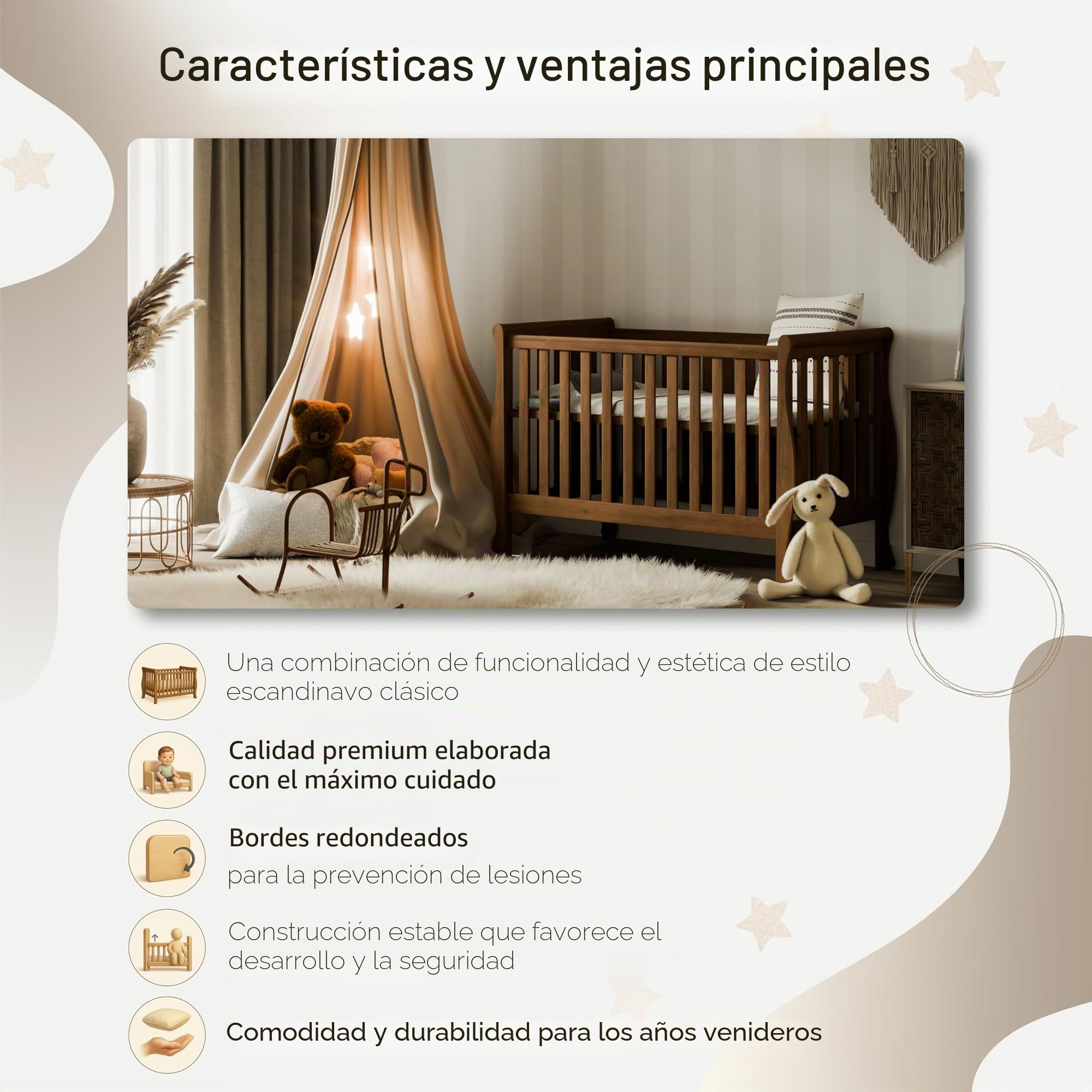 Cuna Gala 120x60 cm – Elegante Cuna Blanca con Barrera extraíble – Convertible en Cama de día, Fabricada en Madera de Pino y MDF
