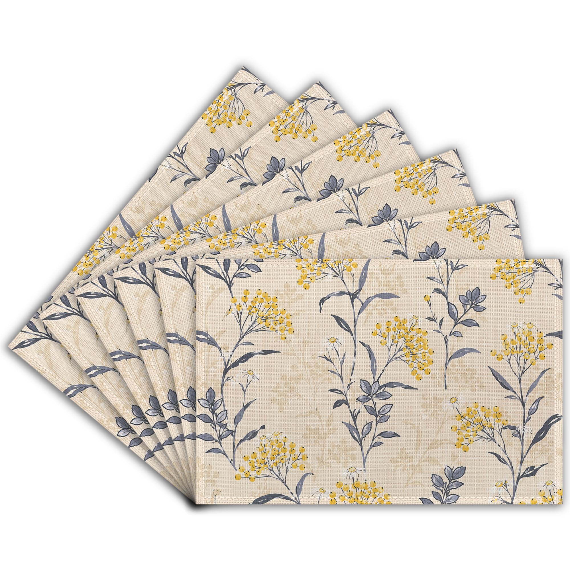 Decorative Placemats Set of 6, Floral Linen Table Mats, Heat Resistant Washable Place Mats for Dining Room Kitchen, 45 x 30 cm