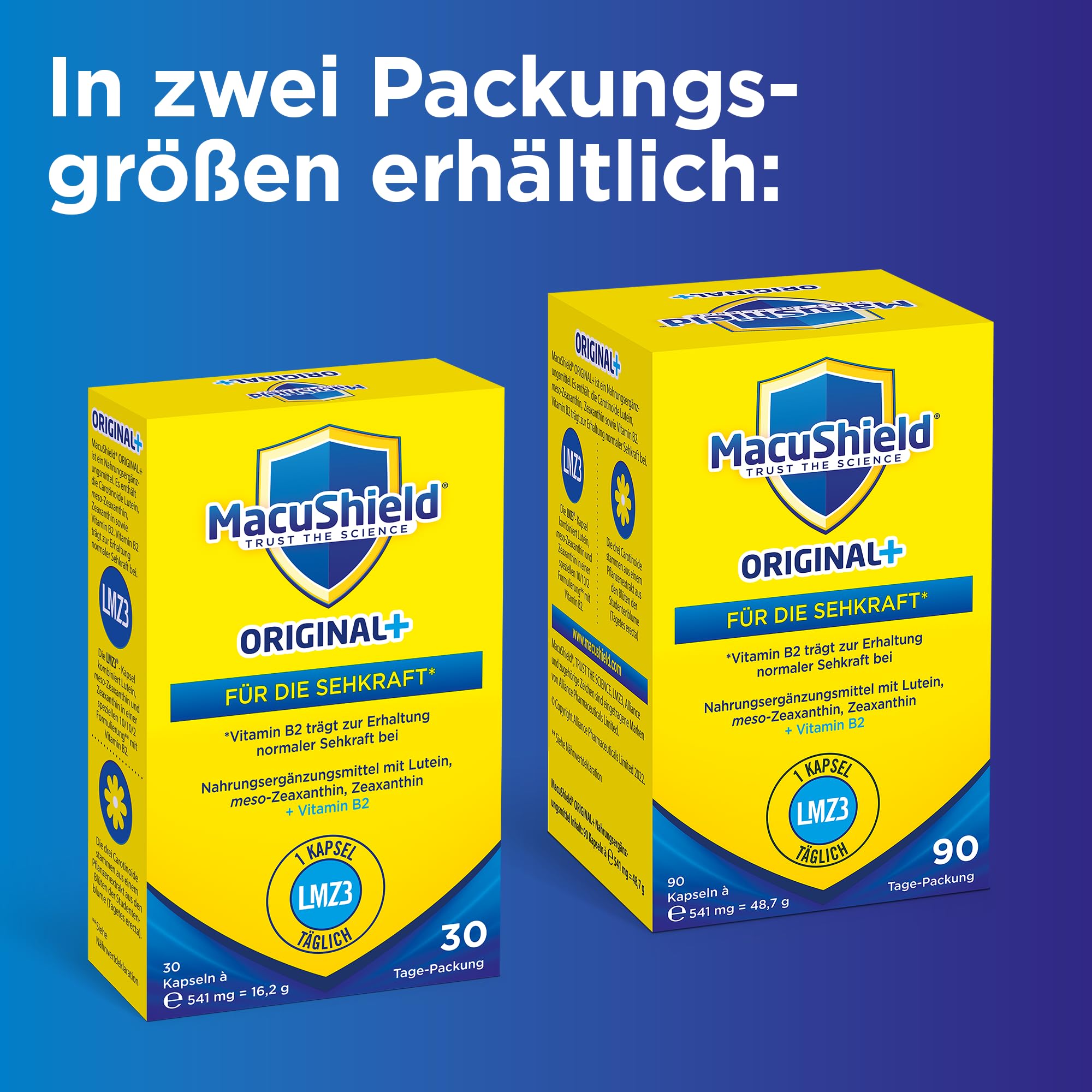 MacuShield® Original+ unterstützt den Erhalt der normalen Sehkraft mit Lutein, Zeaxanthin und meso-Zeaxanthin + Vitamin B2.* 90-Tage-Packung