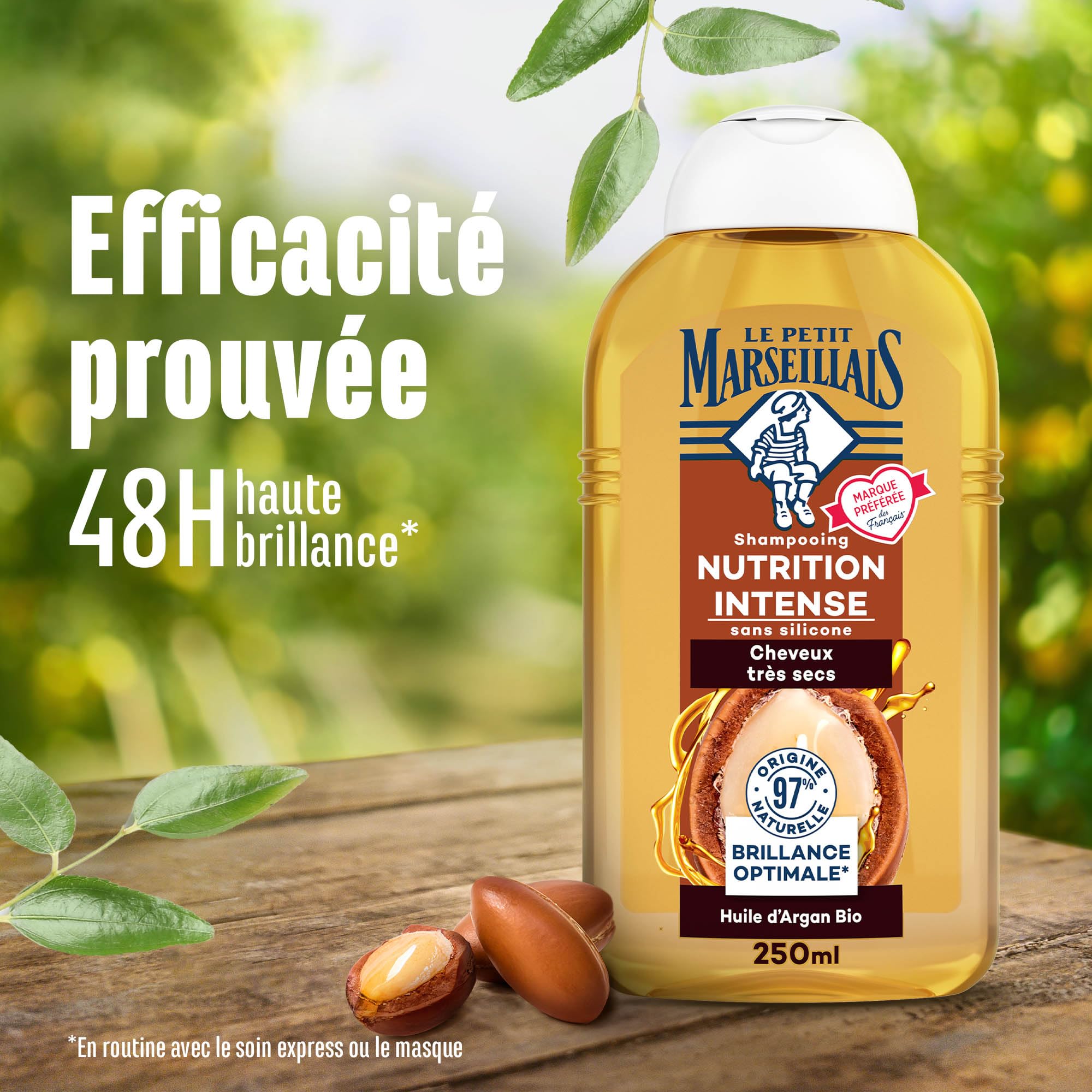 Le Petit Marseillais , Shampooing Nutrition Intense Huile d'Argan Bio (flacon de 250 ml) – Shampoing sans silicone pour cheveux très secs – 97 % d'ingrédients d'origine naturelle