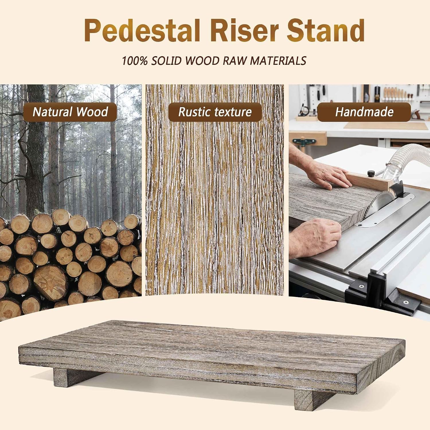 Large 16" Wood Tray Riser - Grey Handcrafted Pedestal Stand Waterproof | Solid Paulownia Wood Coffee Table Bathroom Kitchen Decor and Vanity Tray
