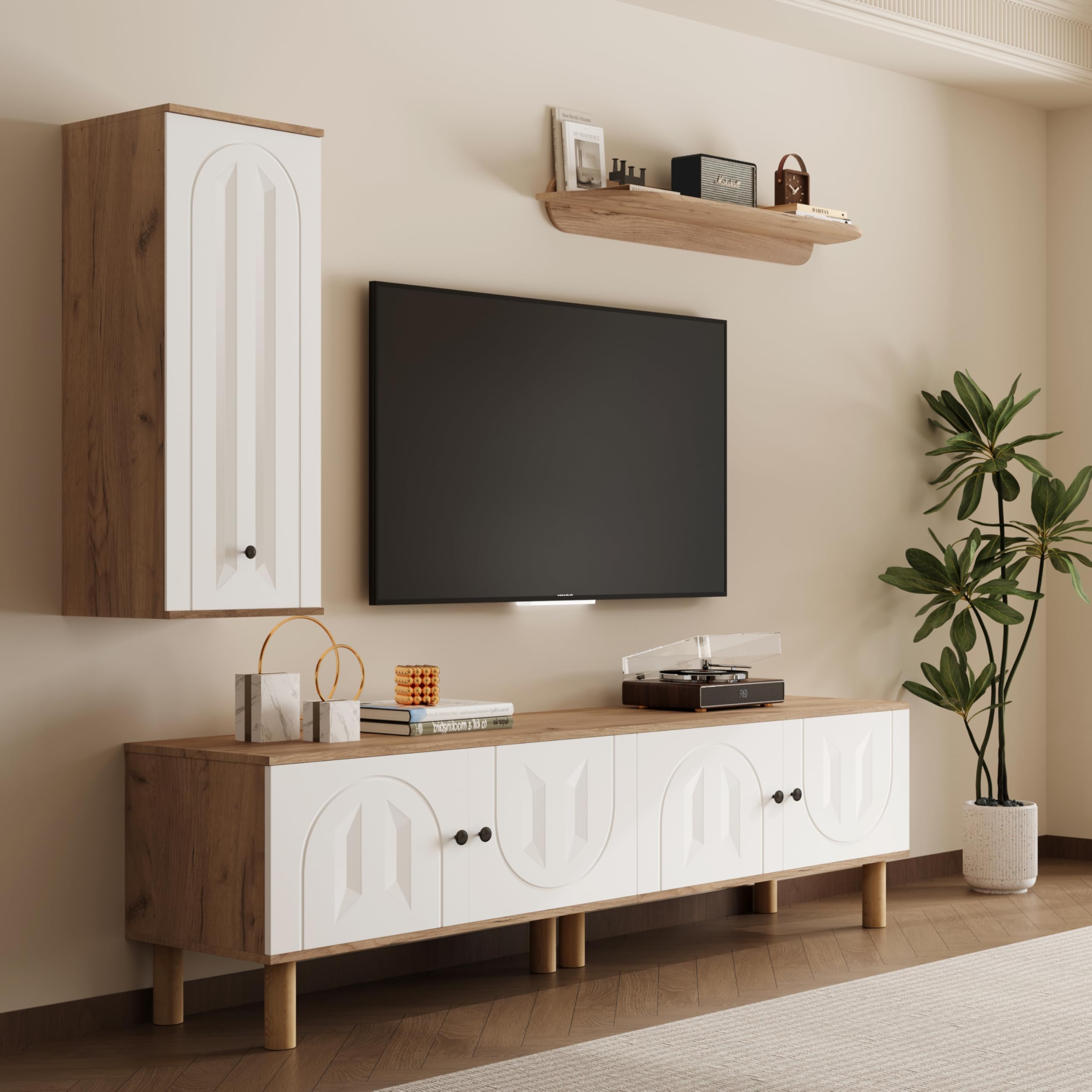 3 piezas, pared de salón, lo mejor de: Highboard, armarios, tablero de pared. Paneles de puerta tallados blancos y de madera.