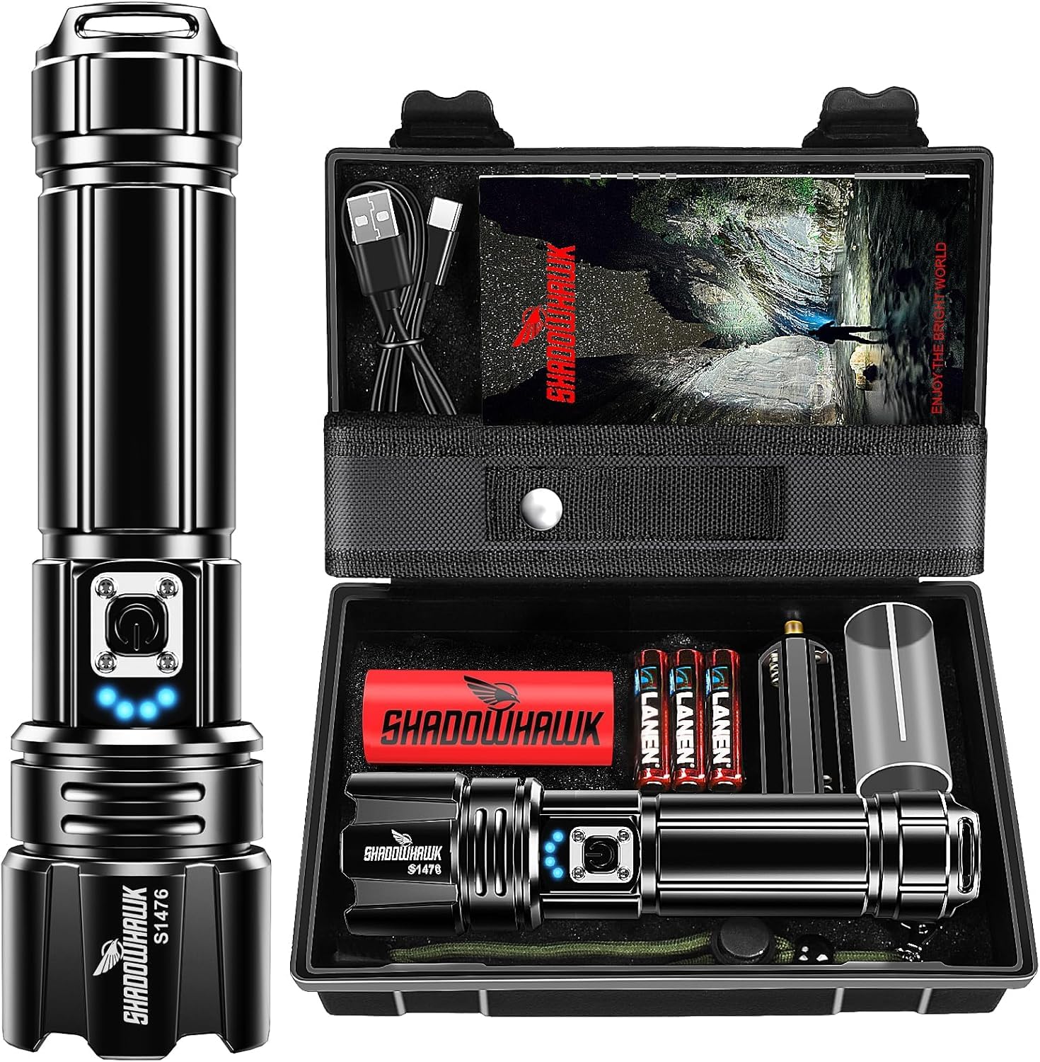 Shadowhawk Taschenlampe Led 500000 Lumen, Extrem Hell Taschenlampe USB Aufladbar Taktische Taschenlampen Mit holster XHP70.2, IP67 Wasserdicht 5 Lichtmodi für Camping Wandern Notfälle