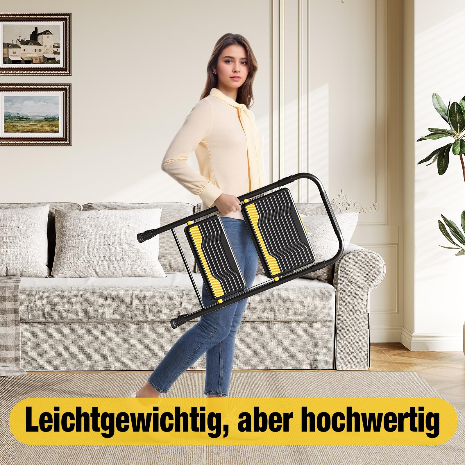 Urackify Trittleiter 2 Stufen Klappbar Leiter, Hochbelastbar bis 150 kg, Tritt Breite Rutschfeste Stufen, Handlauf, Kompakte Haushaltsleiter Stehleiter für Haushalt Küche, Büro, Vorratskammer, Schwarz