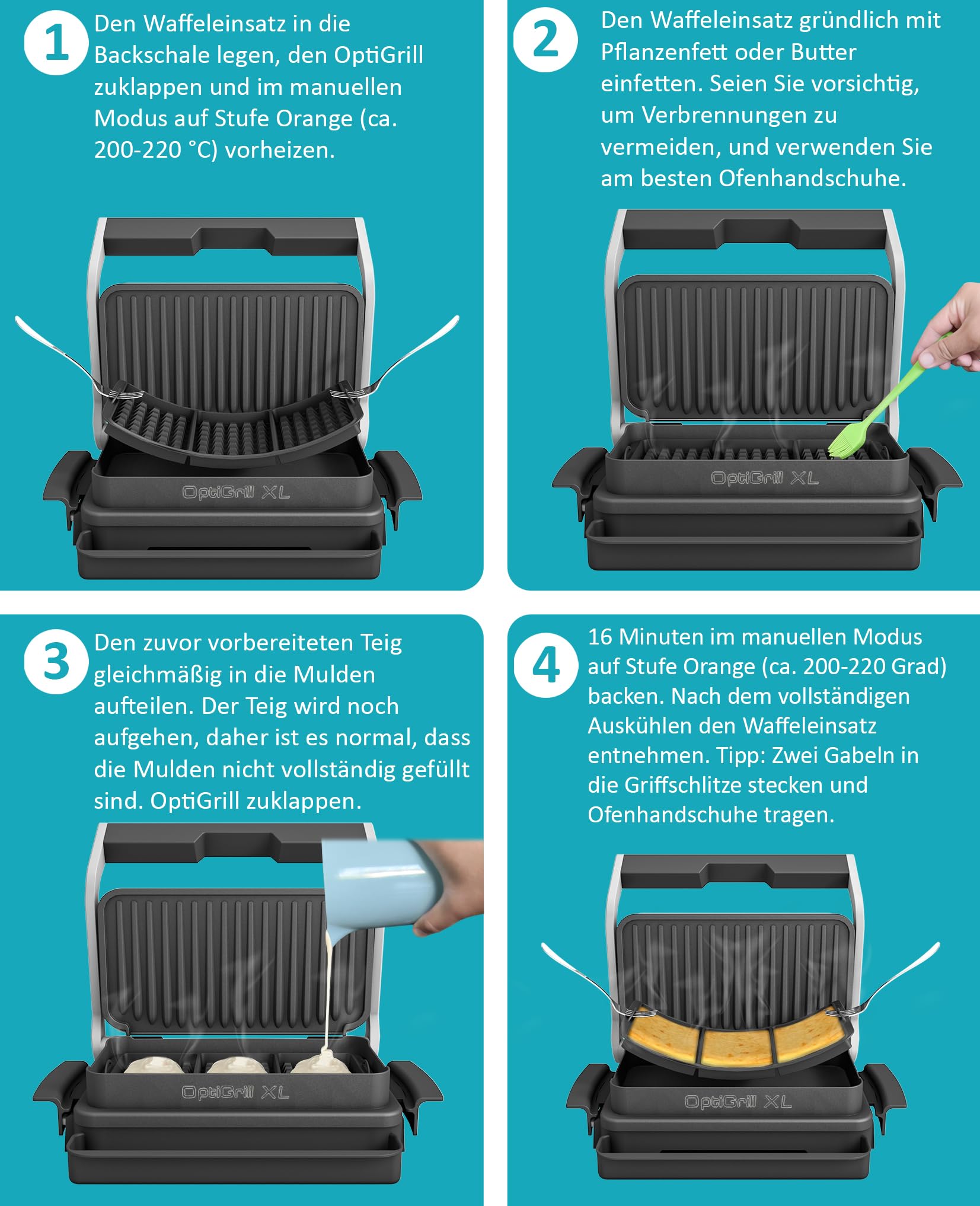 Waffeleinsatz kompatibel mit Tefal OptiGrill XL, 4 in 1, 2 in 1, Elite, Plus +, Elite Plus - Silikoneinsatz für Belgische Waffeln, Zubehör