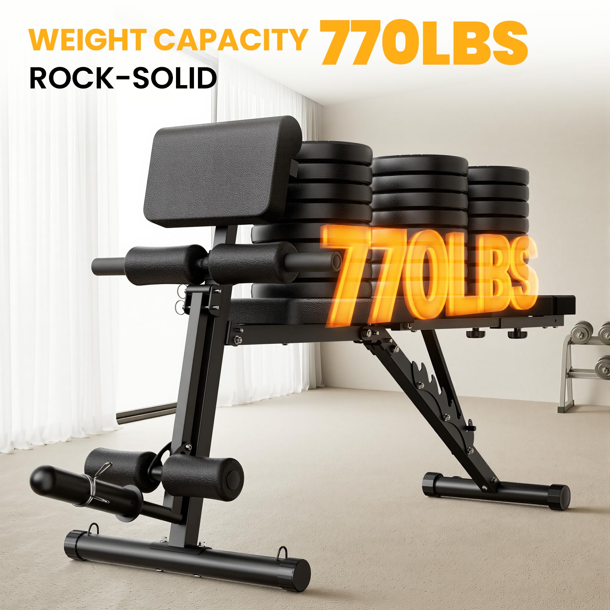 Adjustable Weight Bench for Home Gym, Foldable Workout Bench with Leg Extension and Leg Curl, 770 LBS Multi-Function Preacher Curl Weight Bench for Full Body Training Fitness, Incline Decline Flat Sit Up Bench Home Gym Equipment with Wheels for B