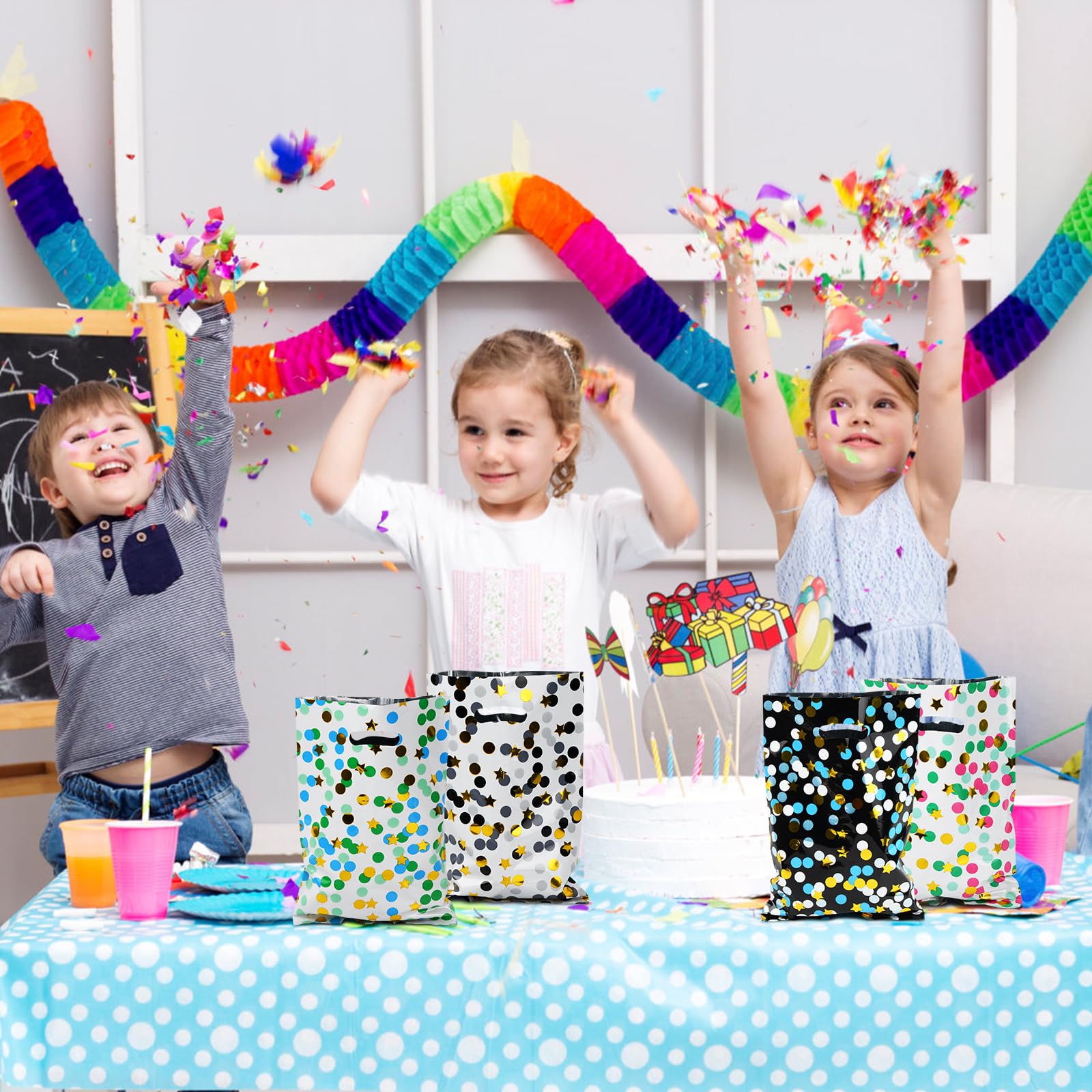 60 Pezzi Sacchetti Regalo Di Compleanno Colorati - 14x23 Cm, In Plastica, Con Adesivi, Per Caramelle, Biscotti E Piccoli Regali