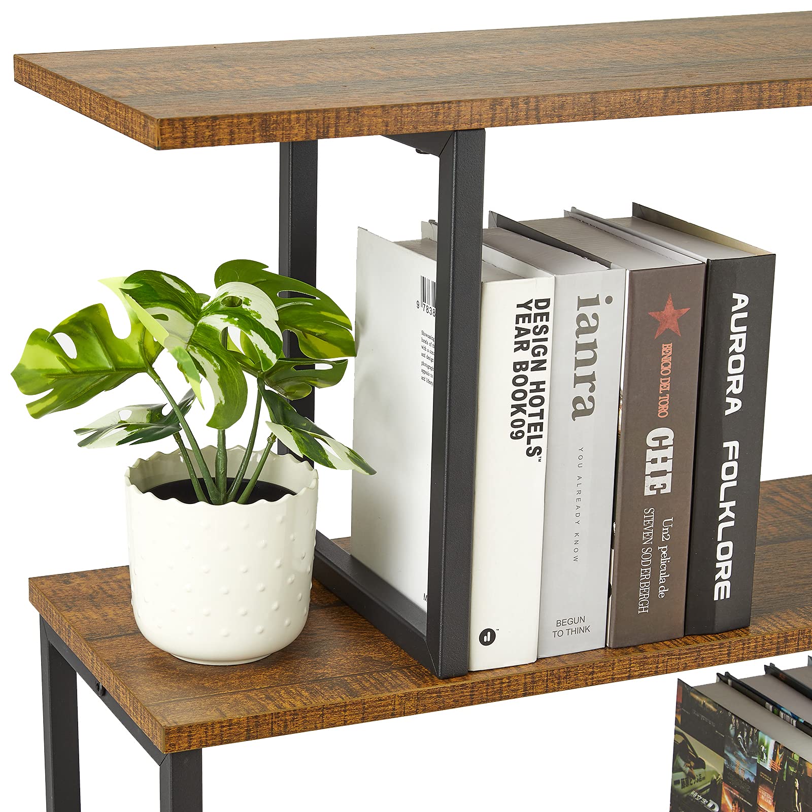 Mondeer Libreria a forma di S, Scaffale Portaoggetti, Libreria a 4 Ripiani, Libreria in Stile Industriale, con Struttura in Metallo, 76 x 24 x127.5cm, per Soggiorno e Ufficio, Marrone