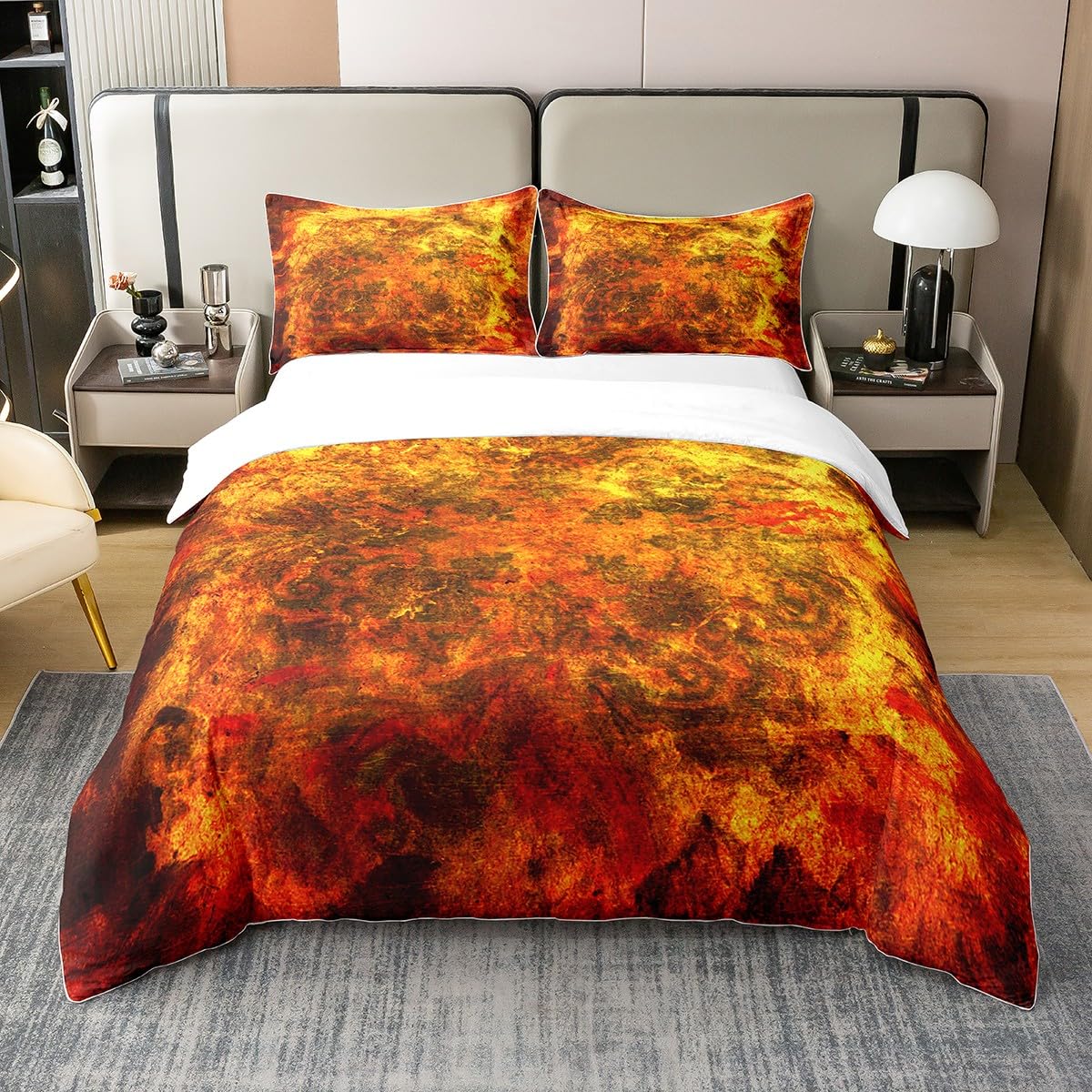 Fire Cotton Duvet Cover Double Size Kids Boys Girls Vintage Abstract Bedding Set Soft Breathable 100% Cotton Comforter Cover Modern Art Yellow Brown Gold Duvet Cover Bed Set Chic Bedroom Decor