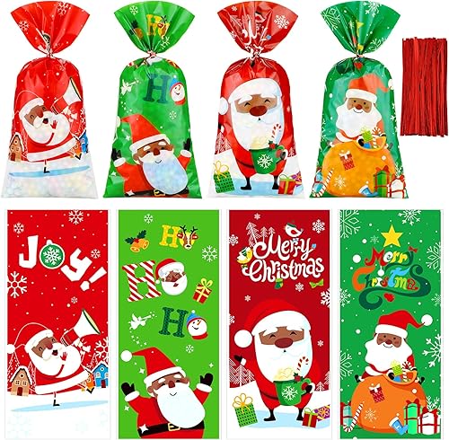 Spiareal 120 bolsas de celofán de Navidad de Papá Noel afroamericano, bolsas de dulces con lazos, suministros de decoración de fiesta de cumpleaños disponible en Yaxa Peru