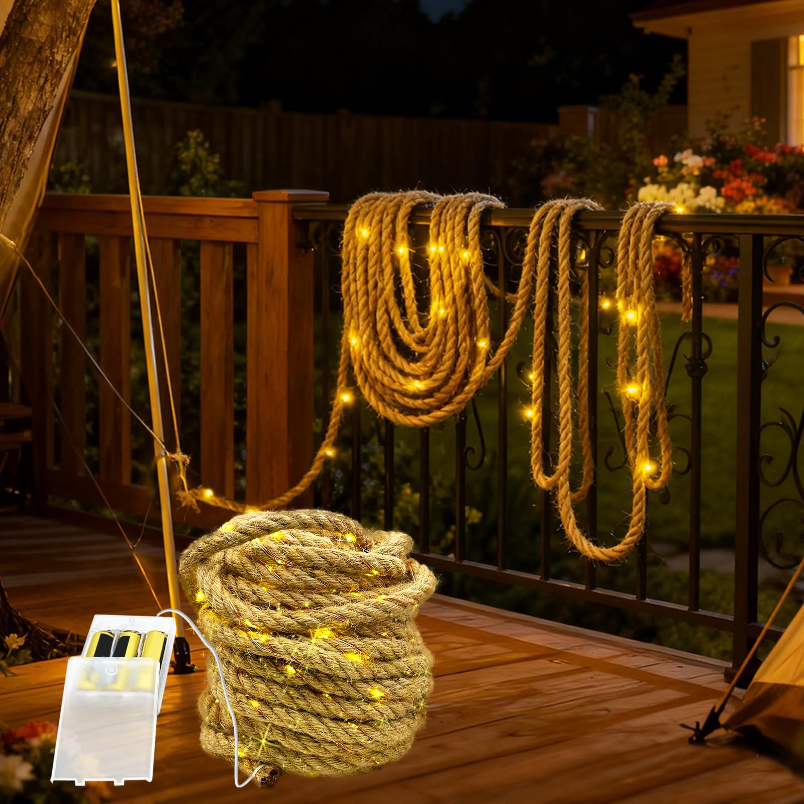 10M Seil Lichterkette Innen 200 LED Hanfseil Lichterkette Batterie Power Rope Licht Wasserdicht für Garten Terrasse Balkon Schaukel Stamm Dekor