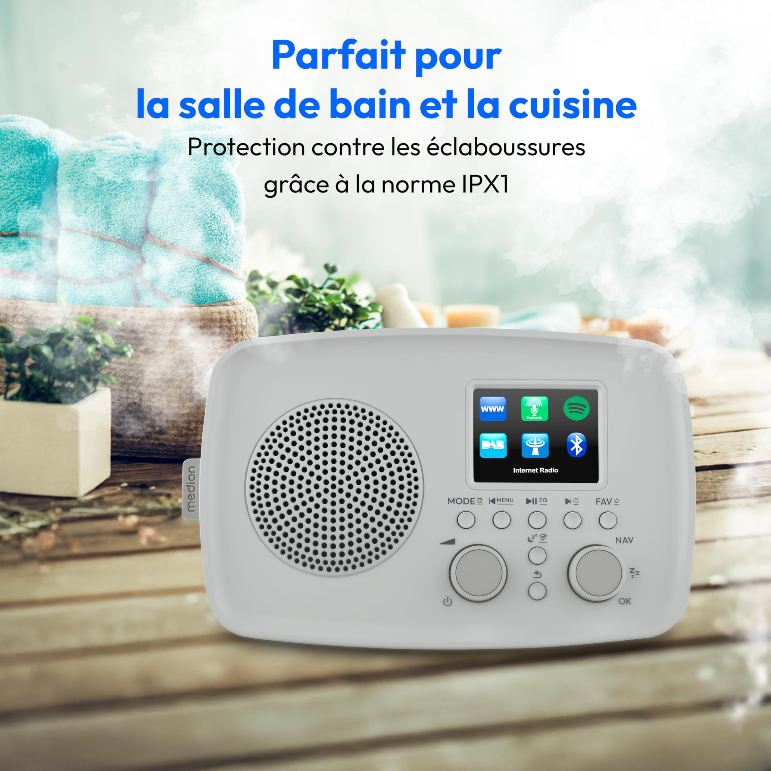 MEDION Radio Internet avec Dab+ IRE-1 (Dab+, Wi-FI, FM, Bluetooth, étanche, antenne télescopique, Spotify Connect, réveil, minuterie, dimmer) Gris