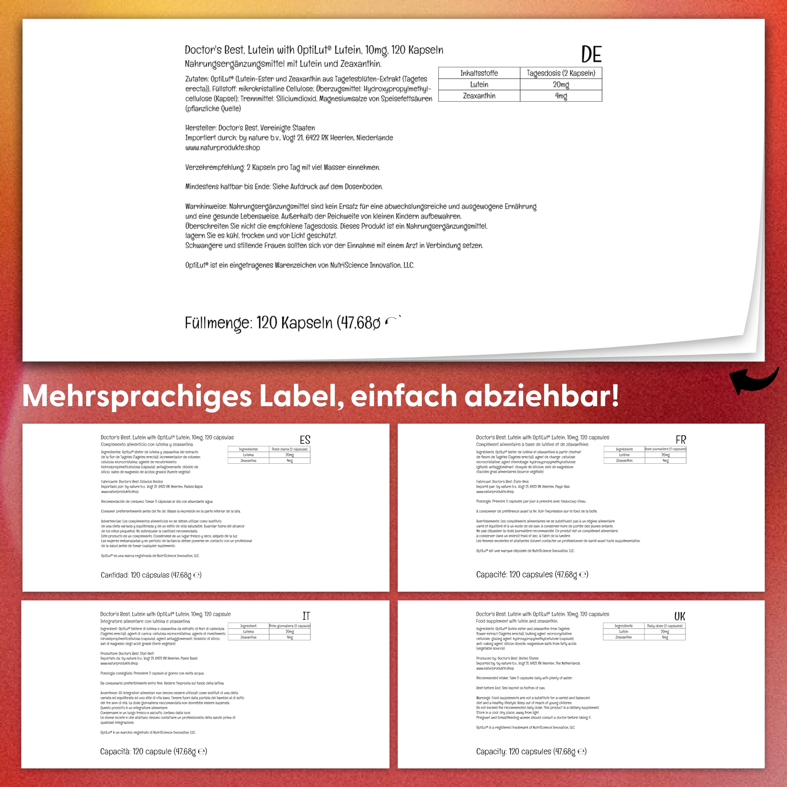 Doctor's Best, Lutein, mit Optilut, 10 mg, 120 vegane Kapseln, Carotinoid, Zeaxanthin, Laborgeprüft, Hochdosiert, Sojafrei, Glutenfrei