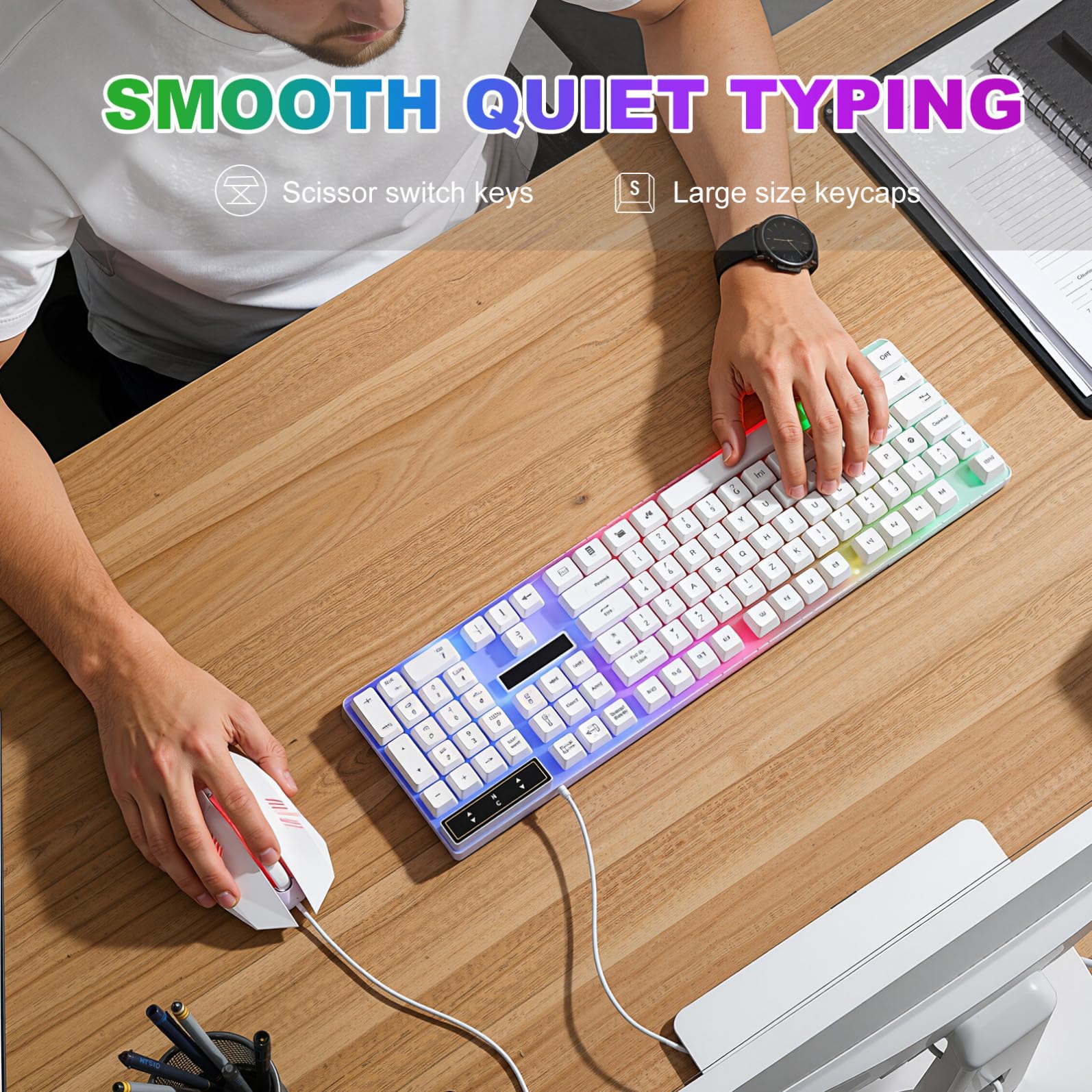 Gaming Keyboard Cablata Retroilluminazione LED Colorata, Design Ergonomico in Abs, 104 Tasti Forte Rimbalzo, Set Tastiera e Mouse Nero per Computer da Gioco