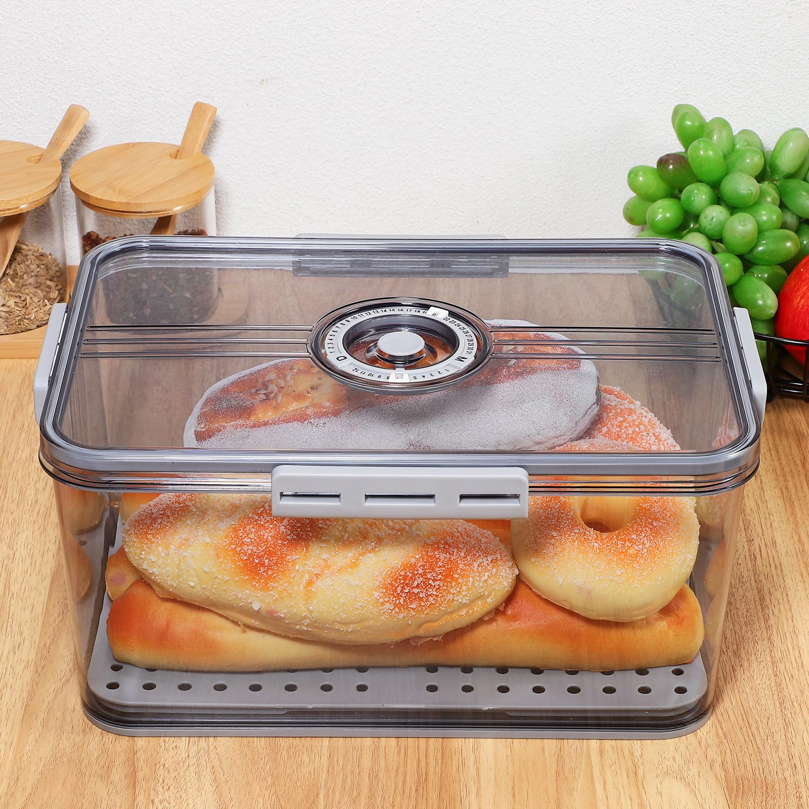 Transparente Pet Frischebox mit Zeiterfassung für Lebensmittel | Vierseitiger Verschluss, Großes Fassungsvermögen, Abnehmbares Design, für Obst und Gemüse