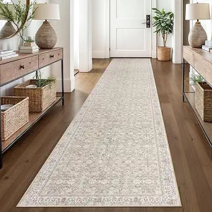2.6x14 Cream Beige White Grey Washable Runner Rug for Kitchen, Soft Classic Runners with Non-Slip, Non-Shedding Distressed Floral Rug for Hallways Entryway Bedroom Laundry Indoor