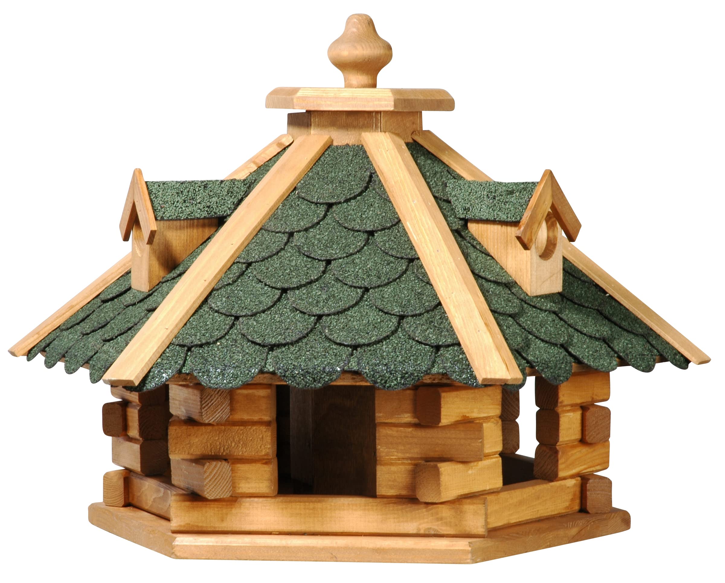dobar® 98720e Vogelfutterhaus Bitumenschindeldach 6-eckig - Vogelhaus aus Massivholz - Vogelfutterstation mit Futtersilo - 6-eckige Vogelvilla - 51 x 45 x 37 cm - Grün
