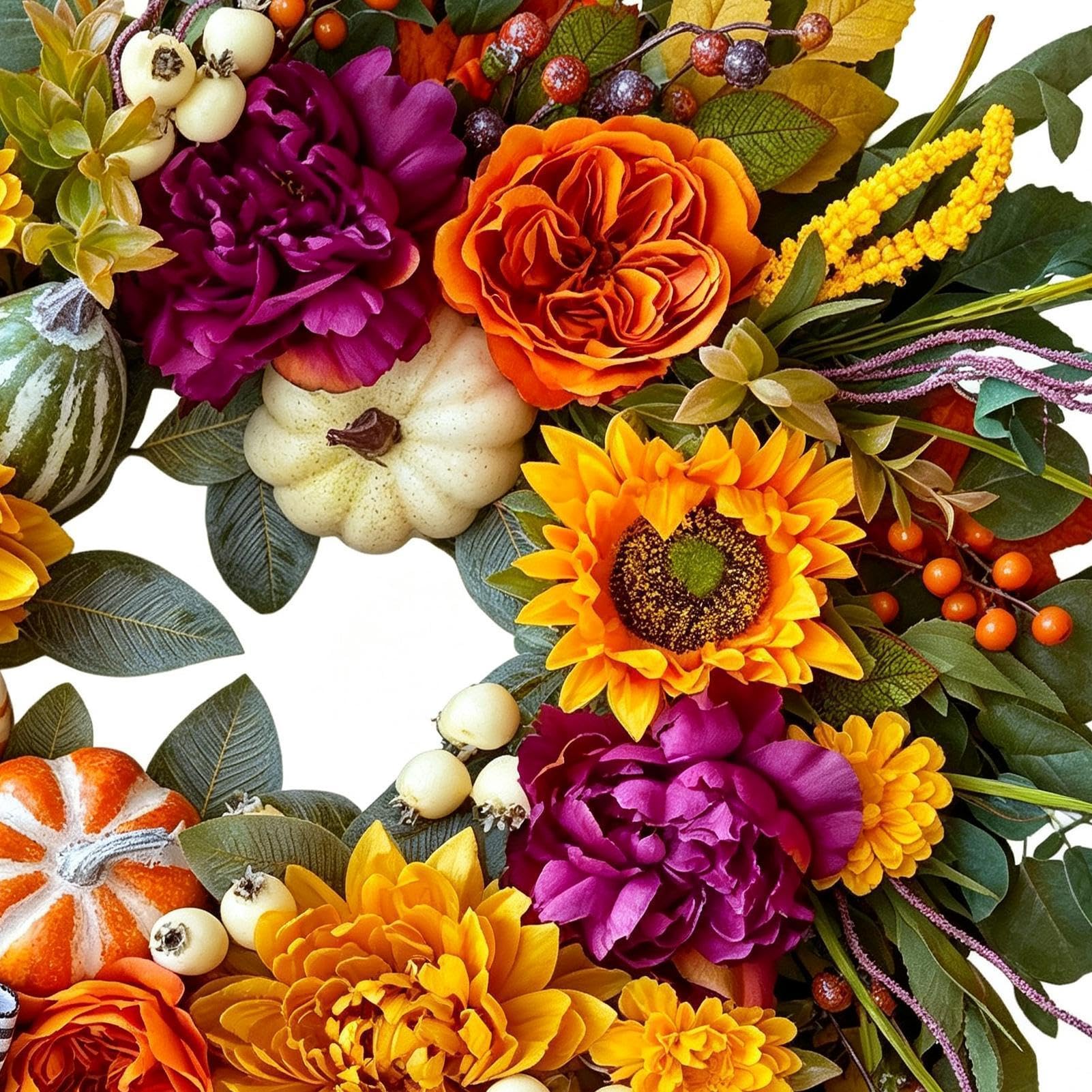 Ghirlanda autunnale, ghirlanda artificiale in ABS, schiuma con zucche e fiori