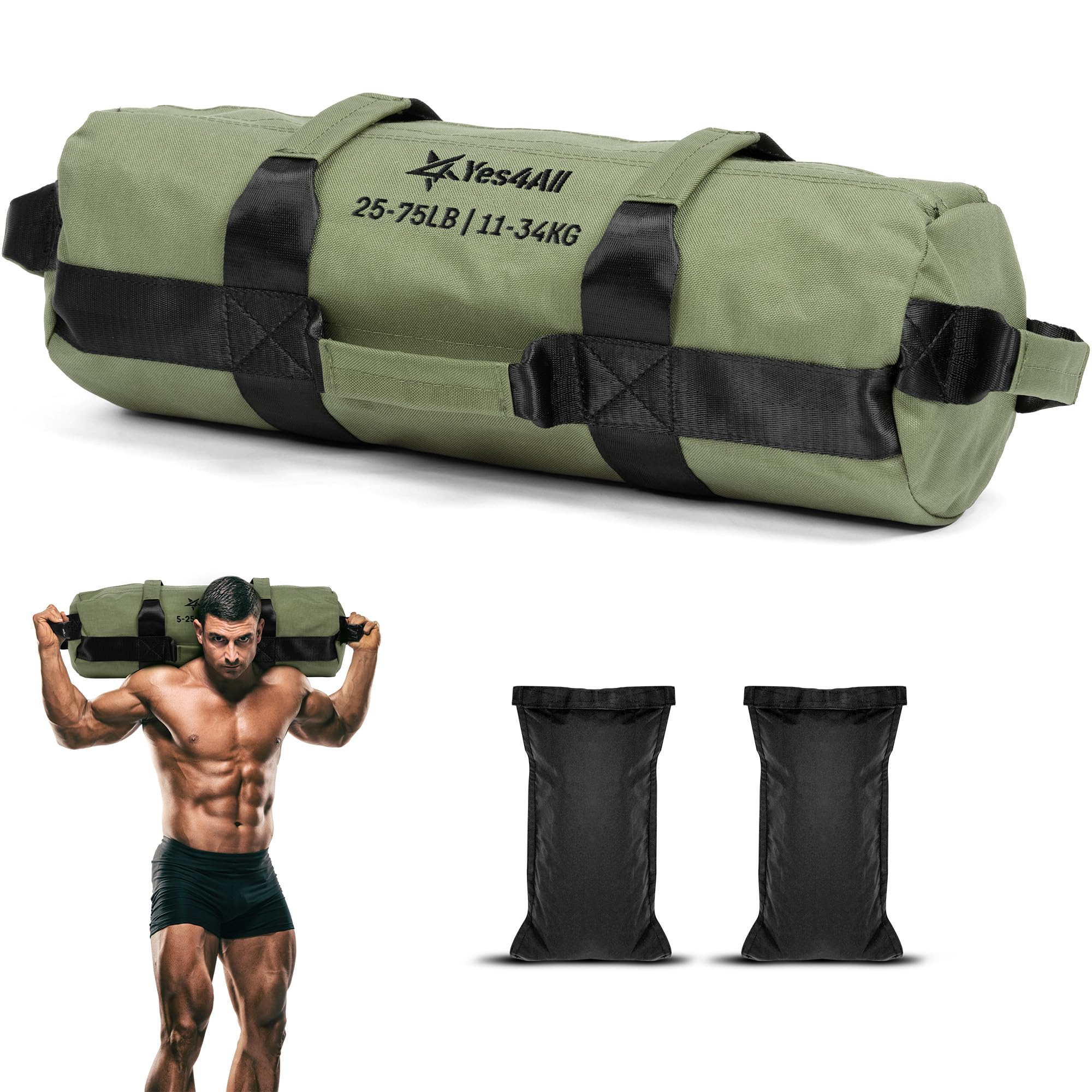 Yes4All Sandbag Weights/Weighted Bags - Sandbags for Fitness, Conditioning, Crossfit with Adjustable Weights (Army Green - M)