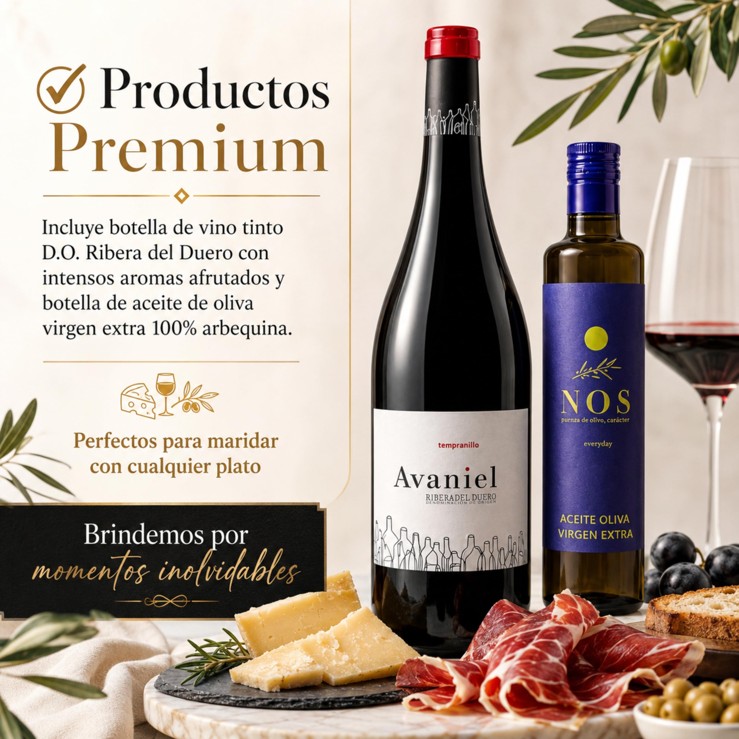 Cesta Gourmet Regalo Vino DO Ribera Aceite Oliva Virgen Extra Embutidos Ibericos Bellota Paleta Ibérica Queso Curado