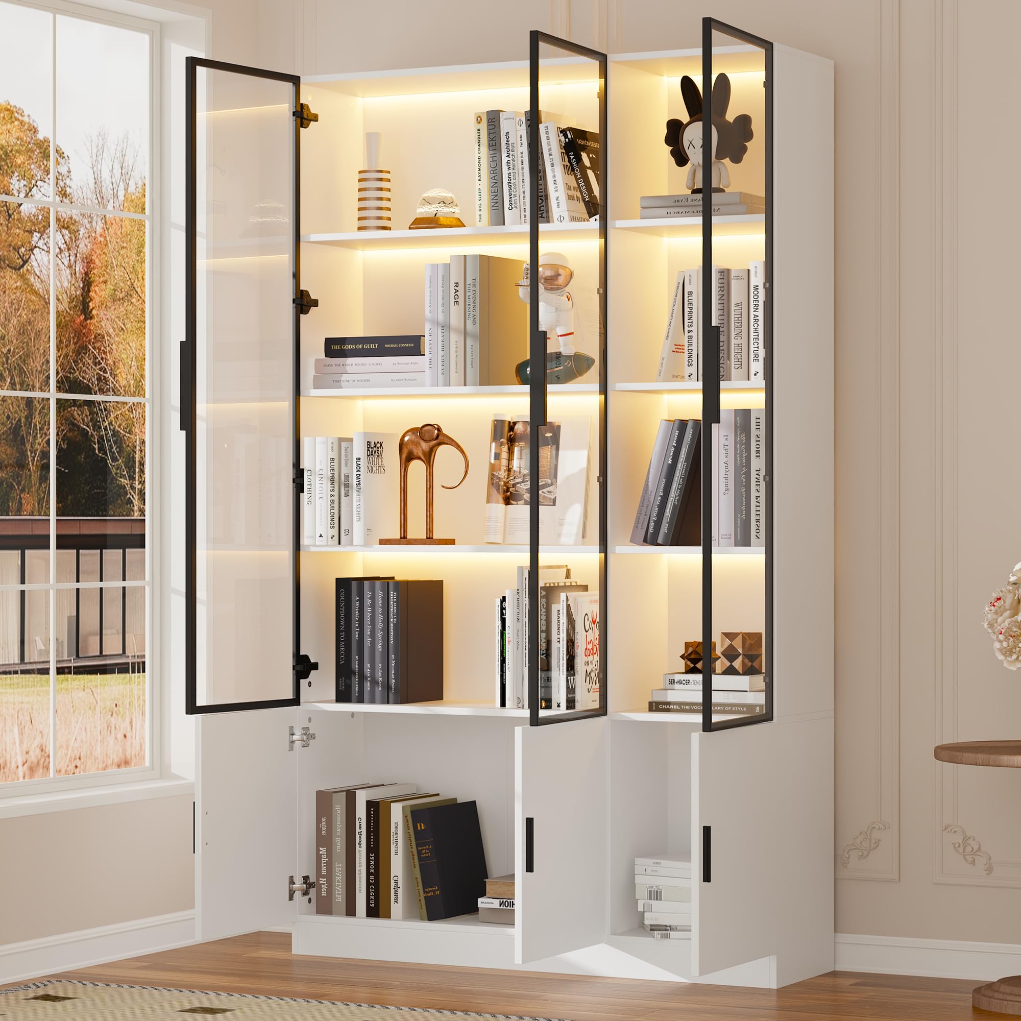 Vitrina de cristal de 120 x 32 x 200 cm, armario alto, vitrina con 6 puertas, armario alto, con LED, armario de salón de 120 cm de ancho, armario multifunción, armario grande (1)